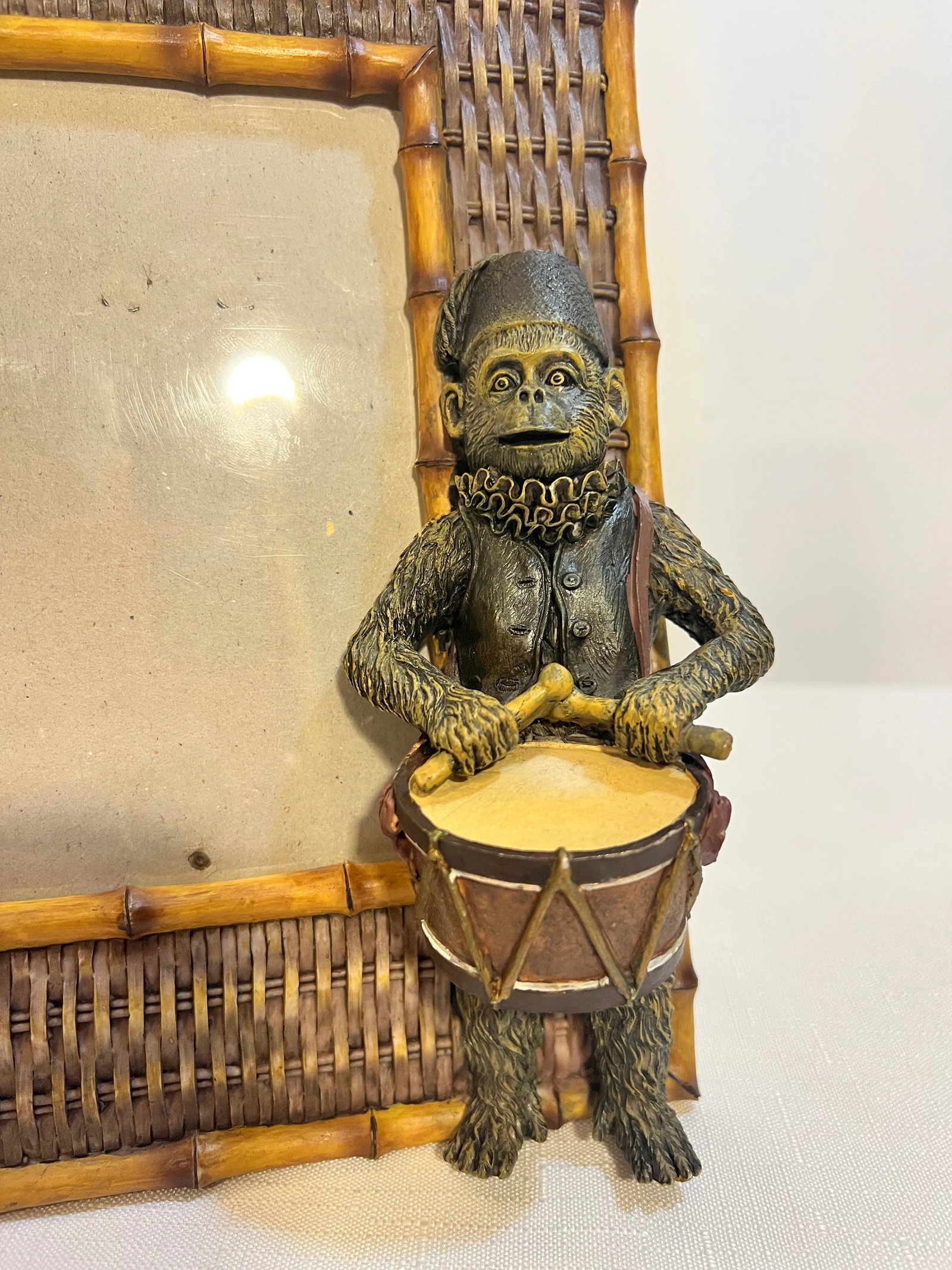 Vintage Palm Beach Regency Bell Hop Monkey Playing Drummer Picture Frame With Faux Bamboo and Wicker - 2