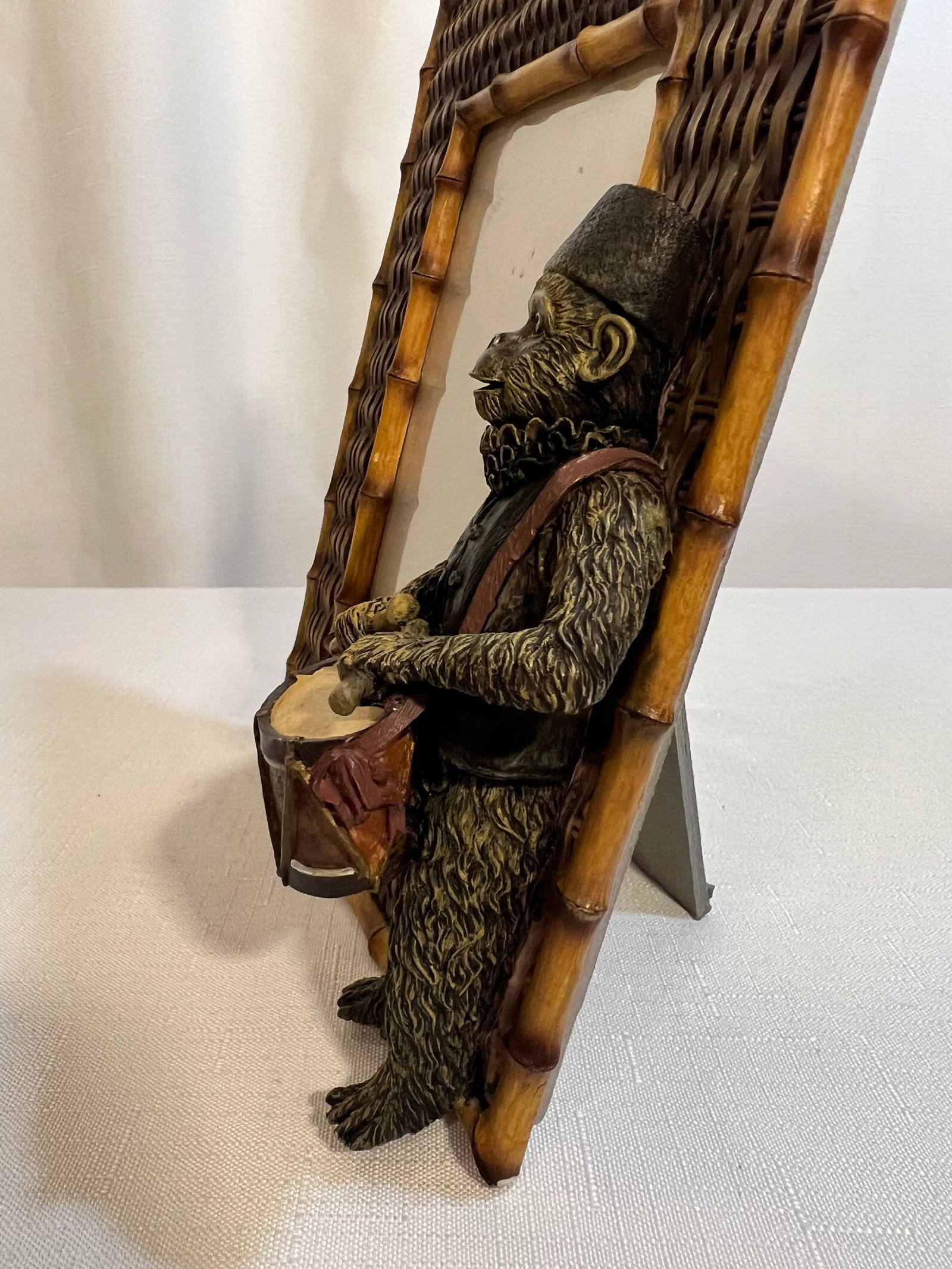 Vintage Palm Beach Regency Bell Hop Monkey Playing Drummer Picture Frame With Faux Bamboo and Wicker - 3