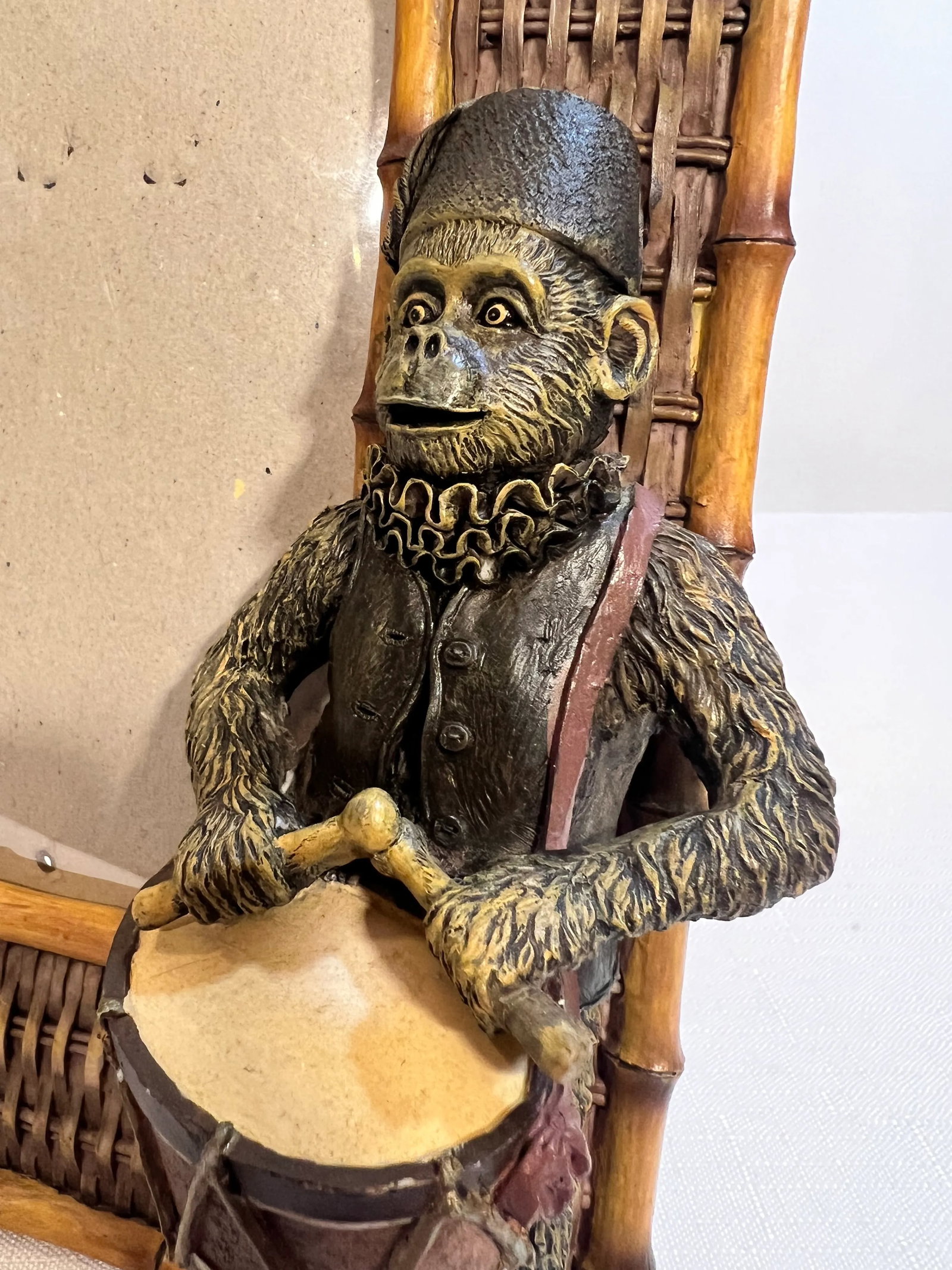 Vintage Palm Beach Regency Bell Hop Monkey Playing Drummer Picture Frame With Faux Bamboo and Wicker - 5
