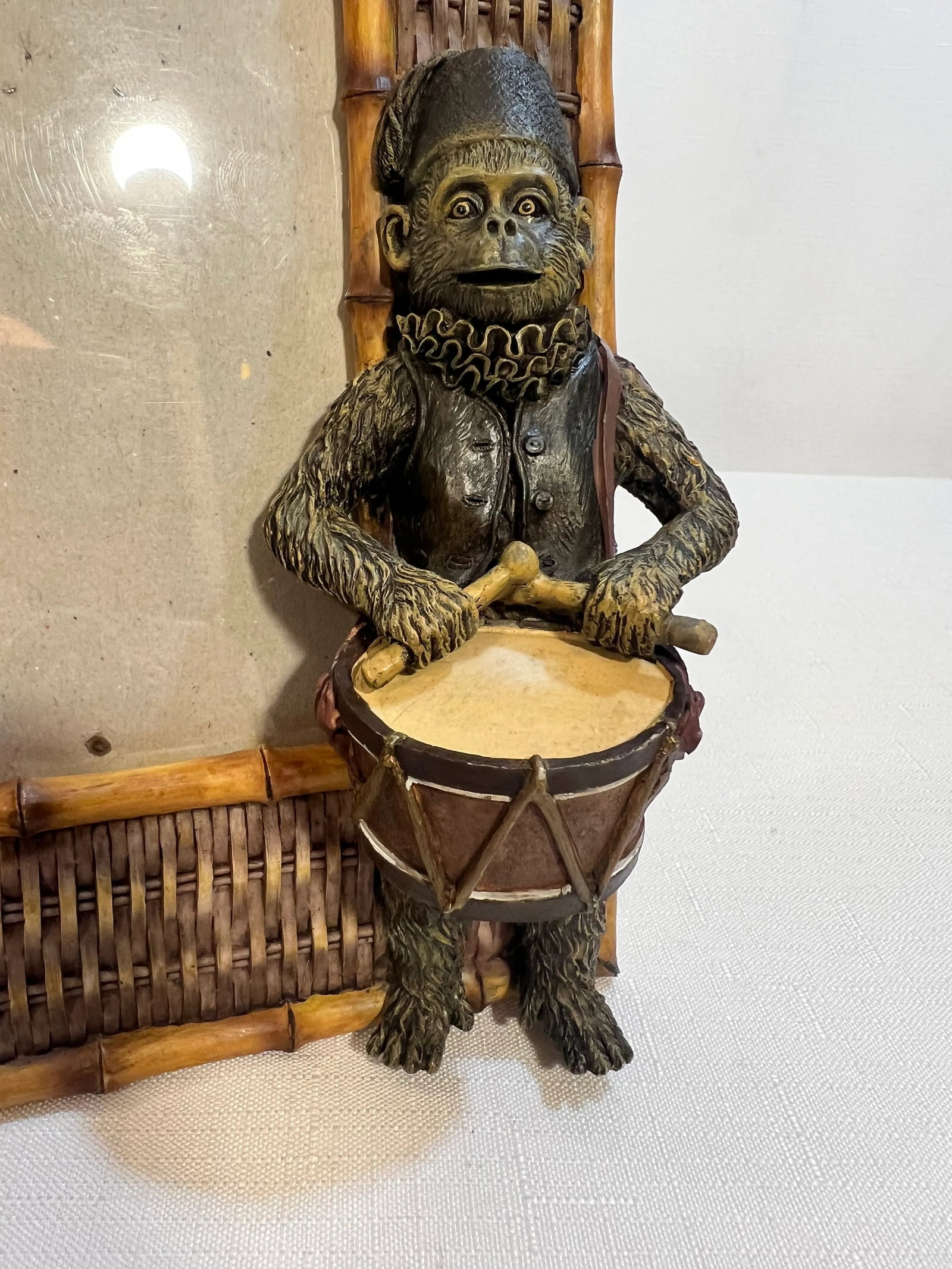 Vintage Palm Beach Regency Bell Hop Monkey Playing Drummer Picture Frame With Faux Bamboo and Wicker - 7