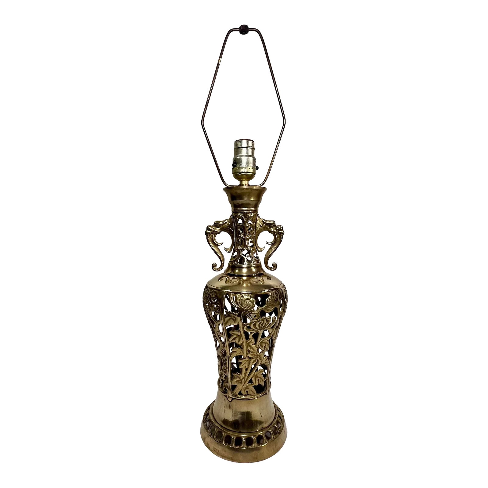 Vintage James Mont Style Reticulated Brass Table Lamp With Bamboo Cherry Blossom and Crane With Blac - 2