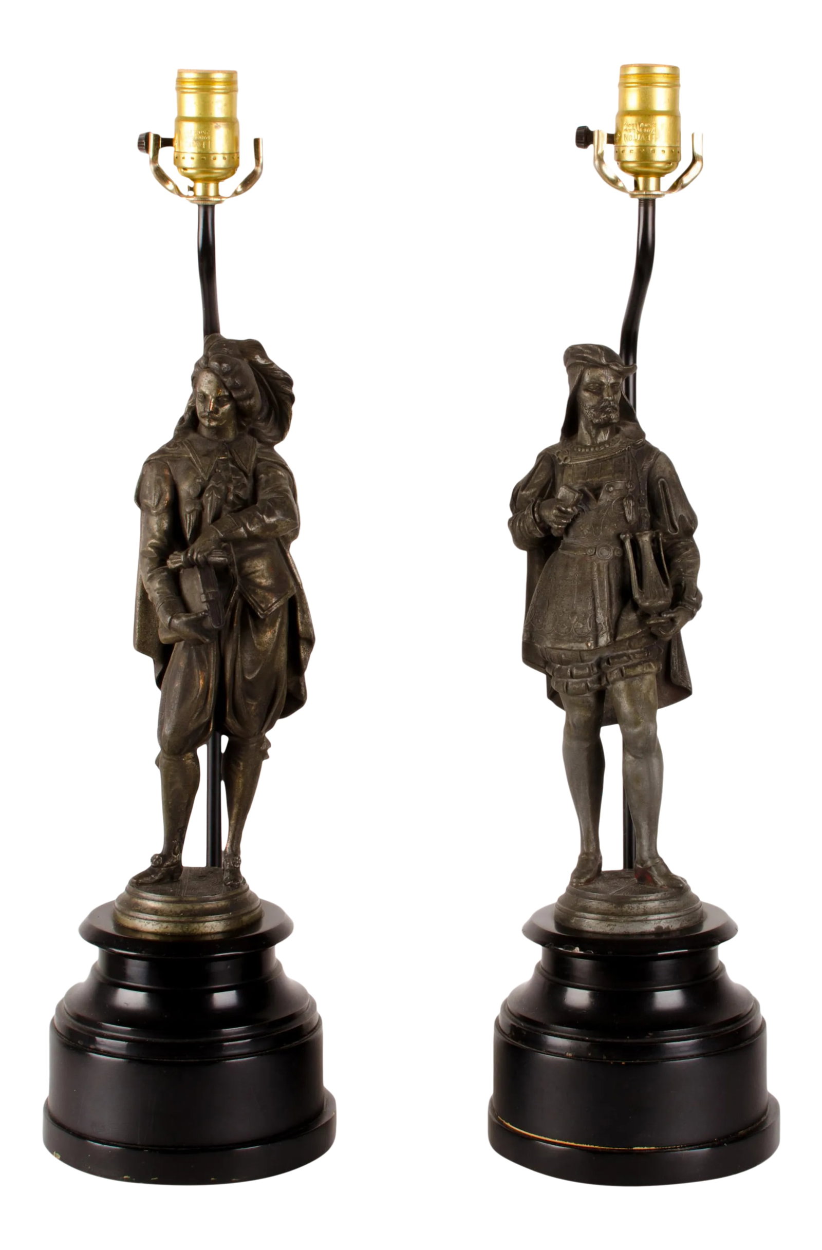 Late 19th Century Figural Artist Spelter Lamps - A Pair: A pair of victorian figural artist spelters mounted as lamps. In excellent condition with minor losses to paint on base. 6 inches wide by 7 inches deep by 22 inches tall 16 1/2 inches to top of spelte