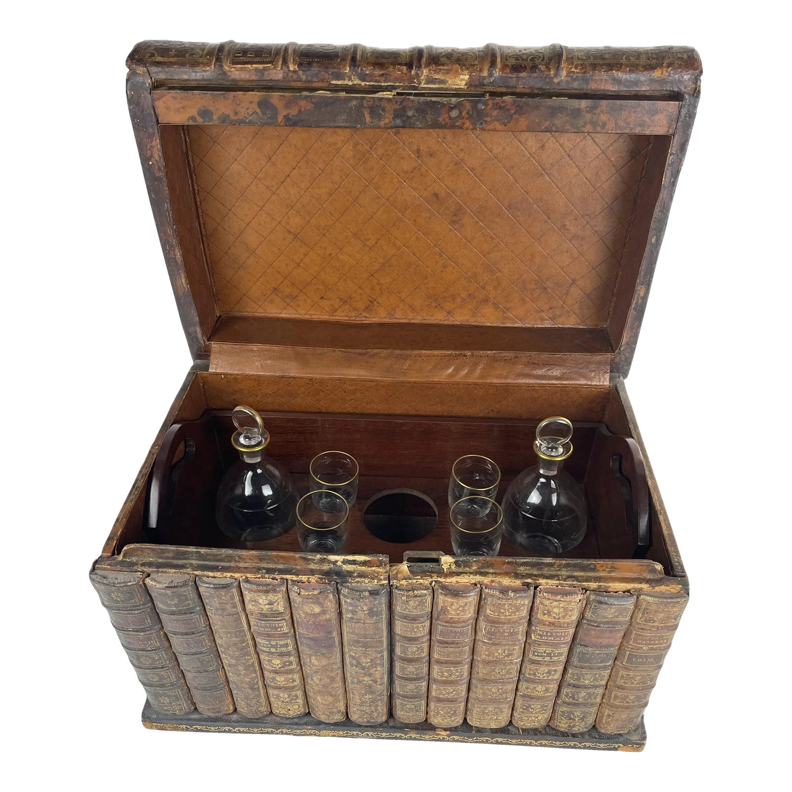 19th Century French Napoleon III Secret Book Liquor Cellarette- 9 Pieces: Ooh la la! A rare find. This 19th C. French Napoleon III faux-book cellarette is of unusually large size, about twice the size of others you will find online or at auction. An intoxicating cabinet kno