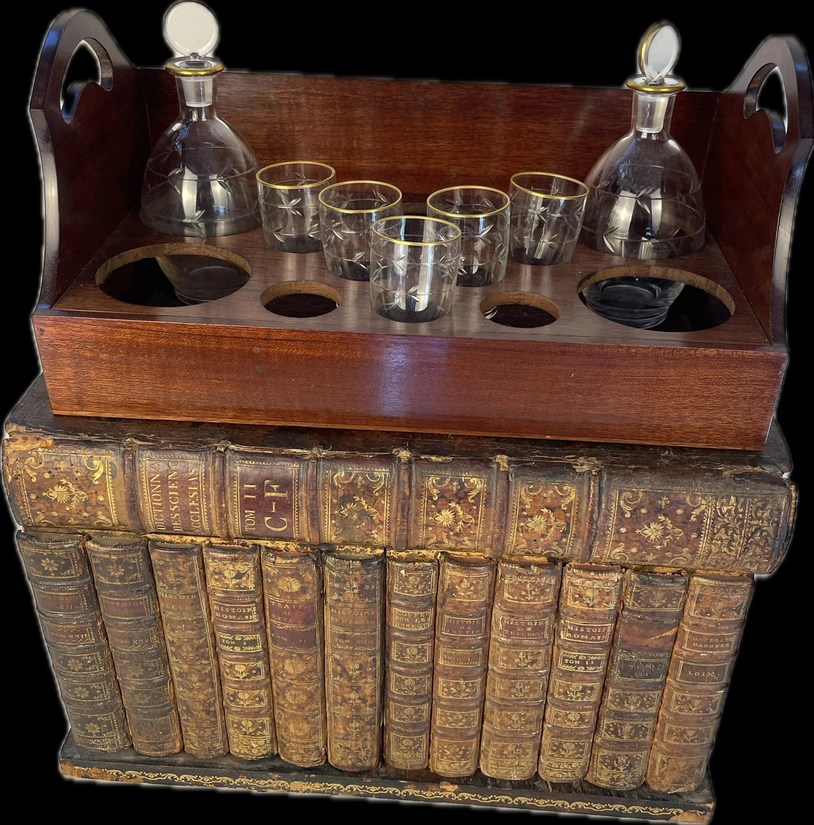 19th Century French Napoleon III Secret Book Liquor Cellarette- 9 Pieces - 2