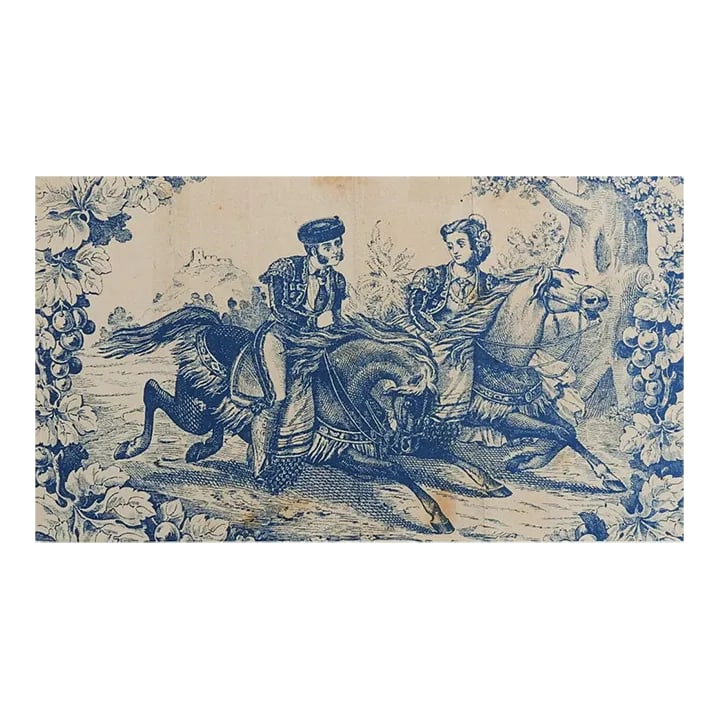Antique Blue Magala Cigar Box Label Man Woman Horses Print: Antique late 19th century engraving on paper cigar box label. Man and woman in Spanish period costume on horseback, W.C. Bevan & Co. Malaga cigars. Unframed, opening size 9" x 5", displayed with mat