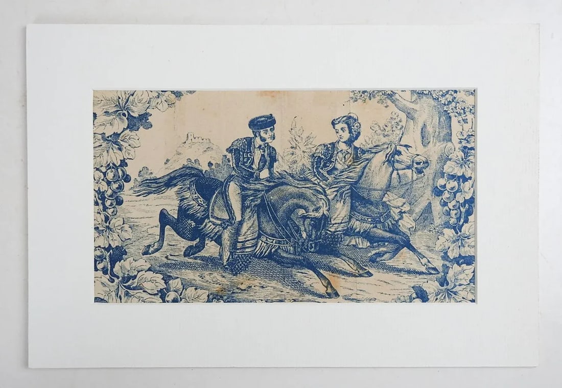 Antique Blue Magala Cigar Box Label Man Woman Horses Print - 2