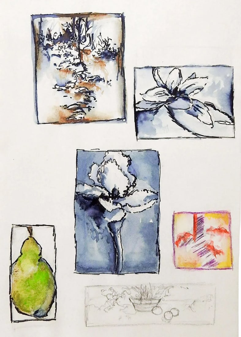 1980s Pen & Ink Drawing Studies: Pen, ink and watercolor studies on paper. Tiny drawings of pear, floral and abstract, largest is 1.75"L x 2.75"H, smallest is 1.25" sq. Keep them together or cut apart and frame separately. Unsigned. 