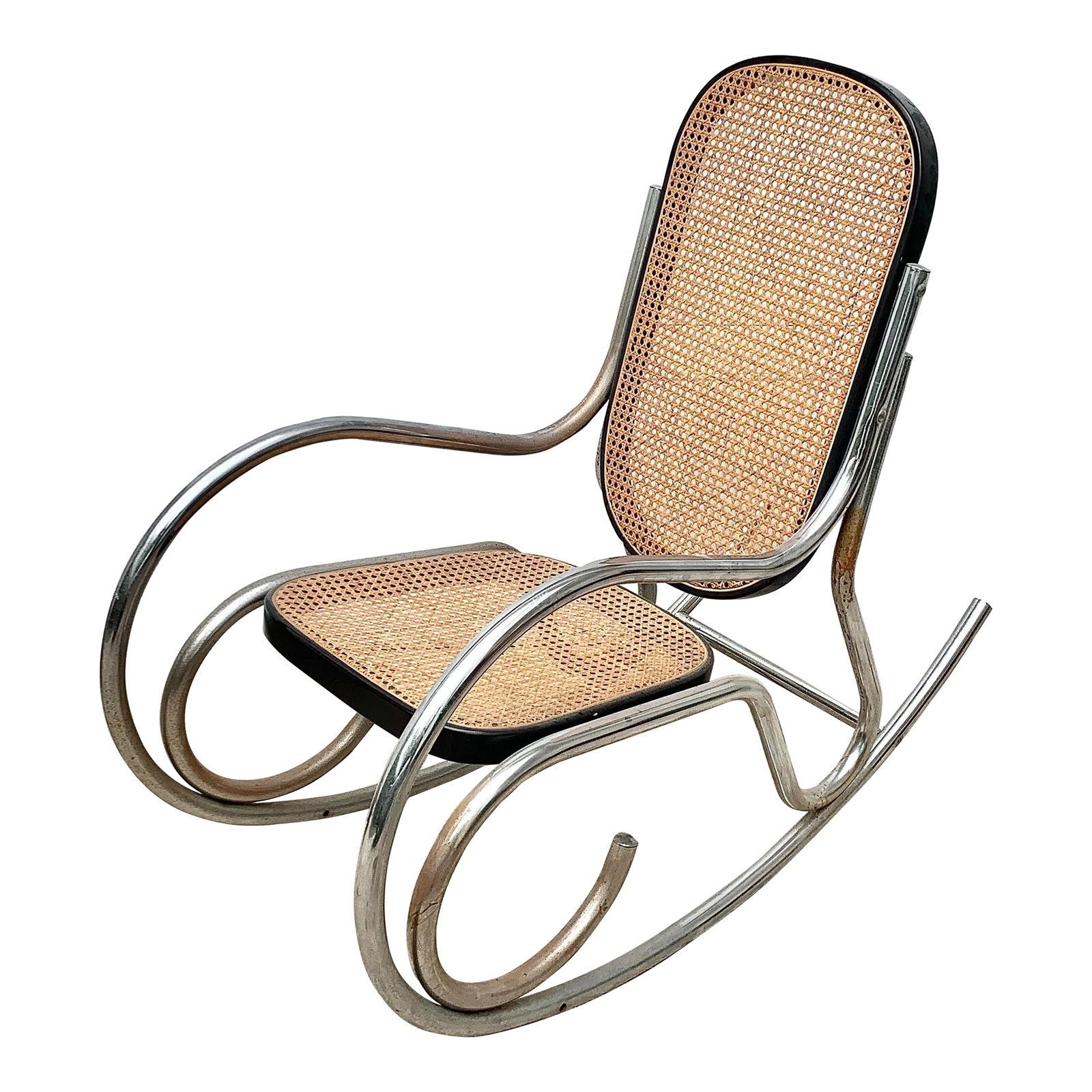 Vintage MCM Breuer Chrome and Cane Rocking Chair: Fabulous vintage mcm rocking chair. Made by Breuer. Chrome base with cane seat and back. Perfect to relax in after a long day. This is a pre-owned item so please see all pictures and ask any questions