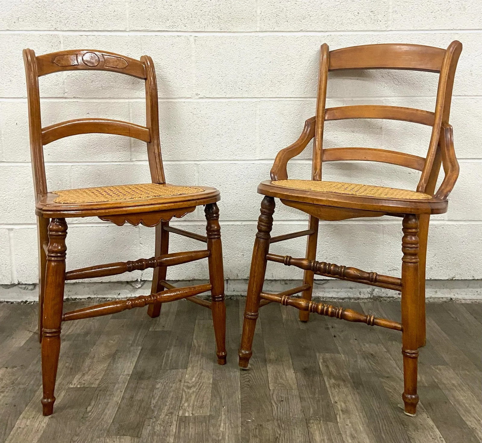 Antique Victorian Eastlake Style Ladderback Cane Dining Occasional Chairs - Pair - 2