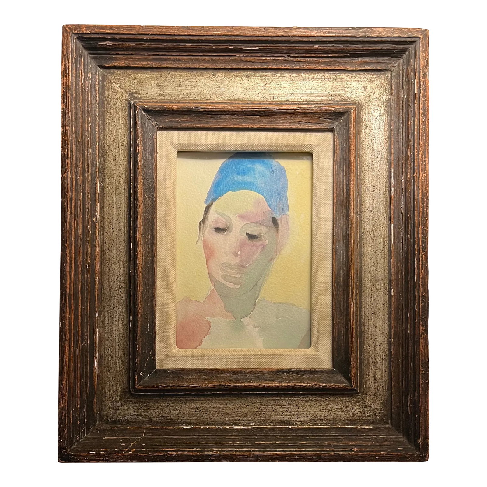 Mid-Century Modern French Watercolor Painting Portrait of an Actor in Fine Silver Gilt Wood Frame: Mid-Century Modern French watercolor portrait of an actor. Presented in fine period silver gilt wood frame with linen fillet. Measures 13 1/4" x 11 1/8" x 1 1/2". Good condition. Condition: Alteration