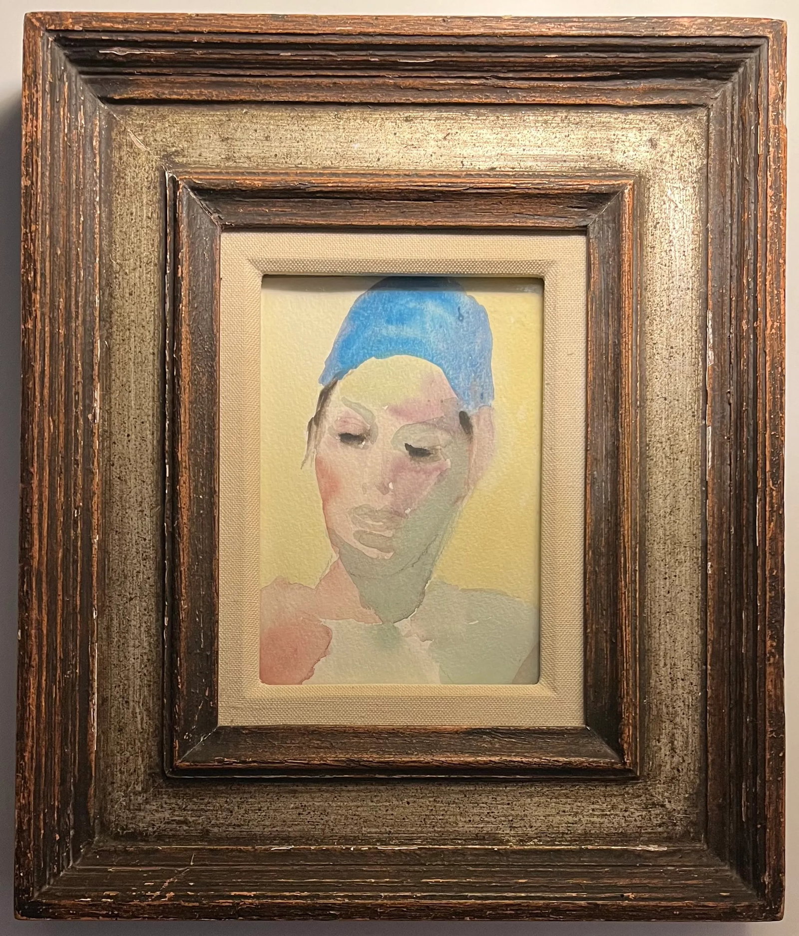 Mid-Century Modern French Watercolor Painting Portrait of an Actor in Fine Silver Gilt Wood Frame - 3