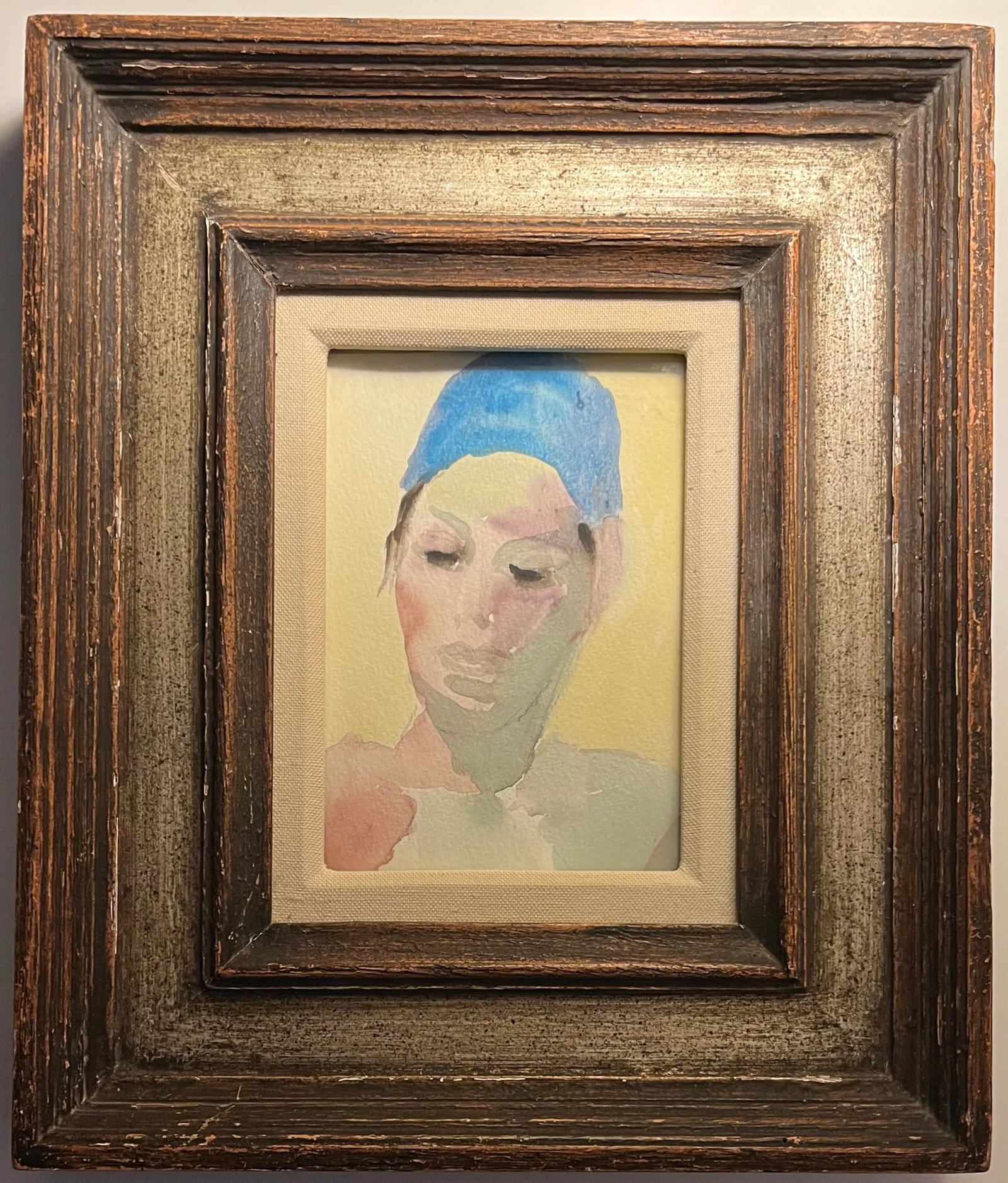 Mid-Century Modern French Watercolor Painting Portrait of an Actor in Fine Silver Gilt Wood Frame - 4