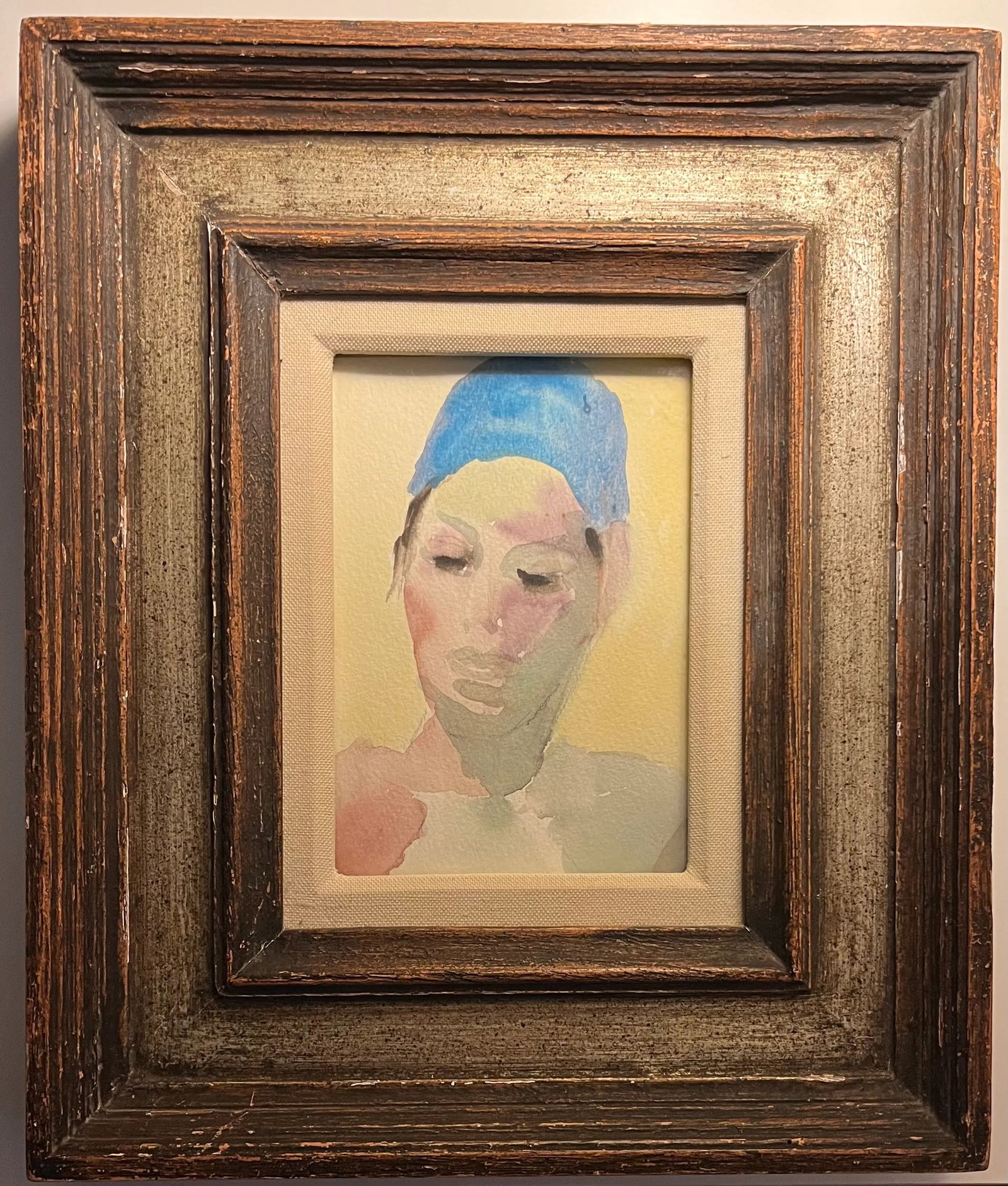 Mid-Century Modern French Watercolor Painting Portrait of an Actor in Fine Silver Gilt Wood Frame - 5