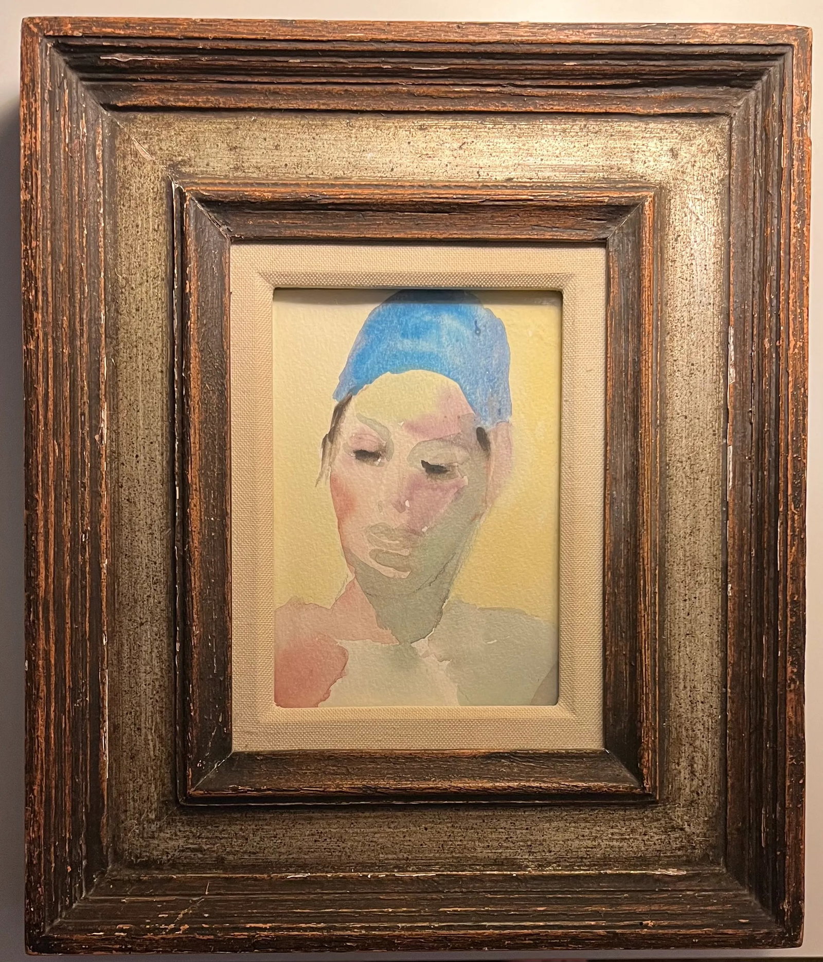 Mid-Century Modern French Watercolor Painting Portrait of an Actor in Fine Silver Gilt Wood Frame - 7