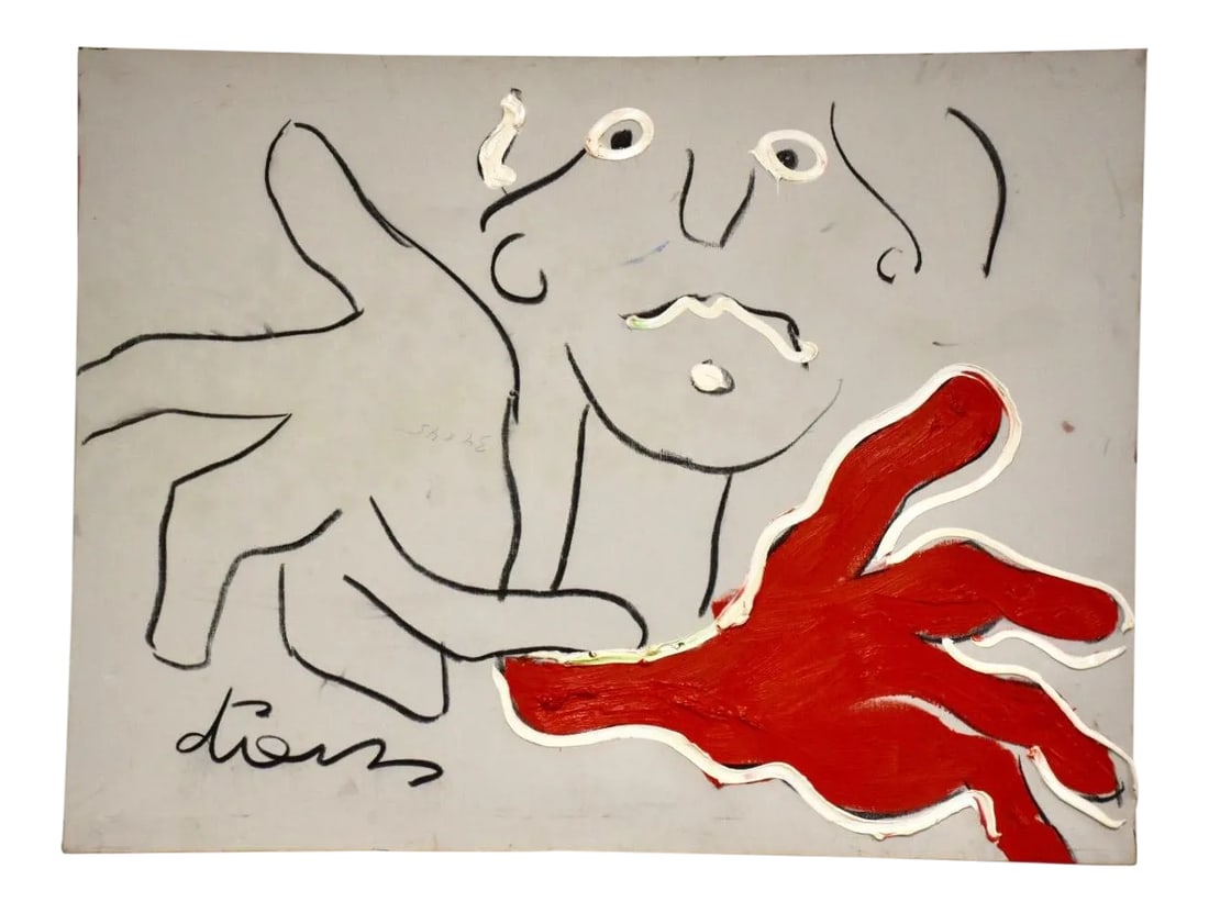 1980s Peter Diem Oil on Canvas Self Portrait: An intriguing self portrait with red hand oil on canvas signed by artist Peter Diem. 45" wide. 2" deep. 34" tall. Condition: Alterations: Original Condition Unaltered Imperfections: Some