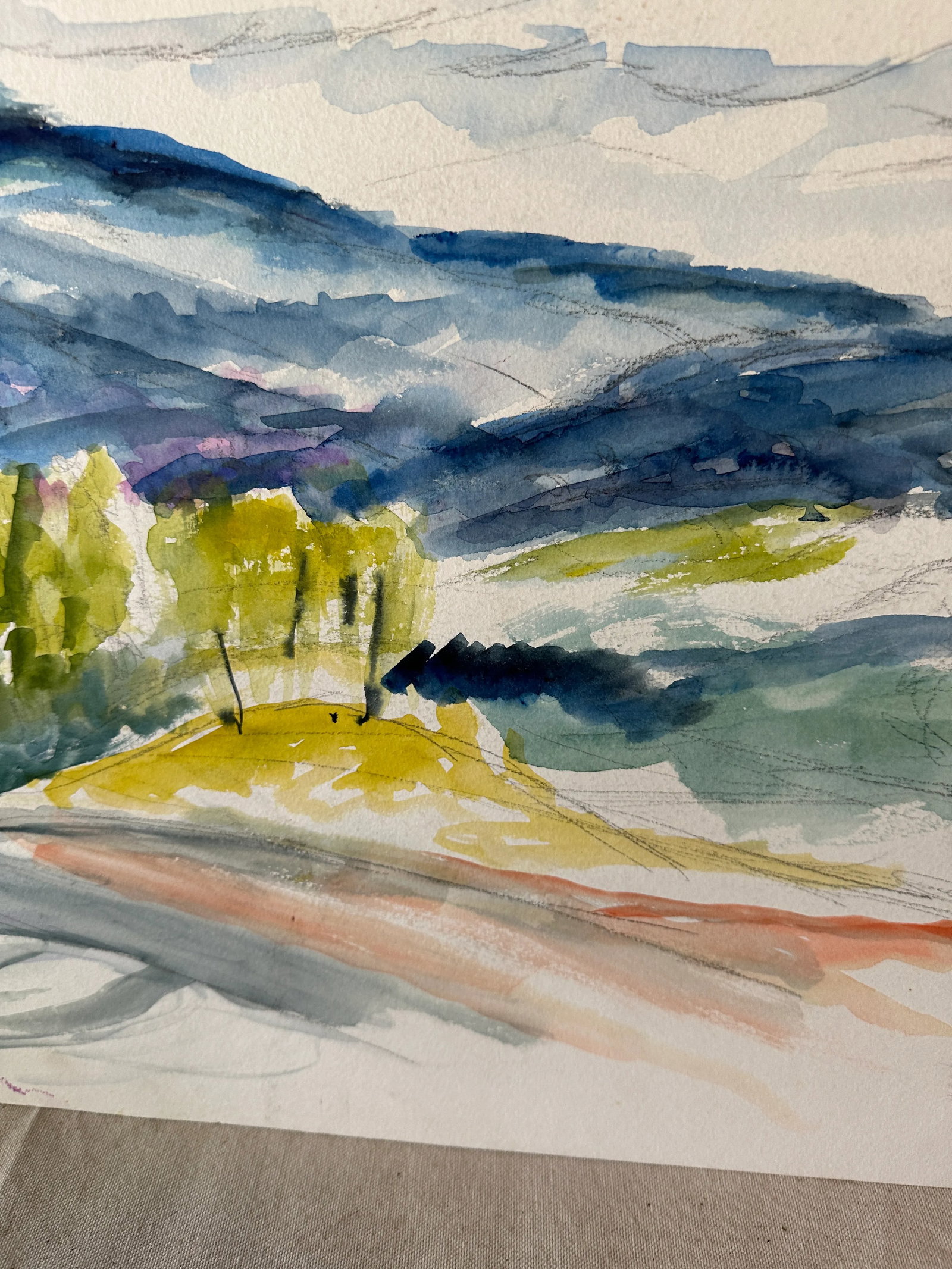 Vintage Landscape Watercolor Painting of Trees and Mountains - 10