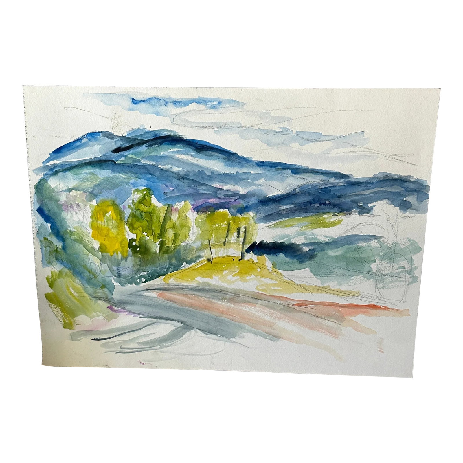 Vintage Landscape Watercolor Painting of Trees and Mountains: Up for consideration is a beautiful watercolor painting of trees and mountains. This piece would look lovely in your home and it is a great find for the interior design enthusiast. Please check out