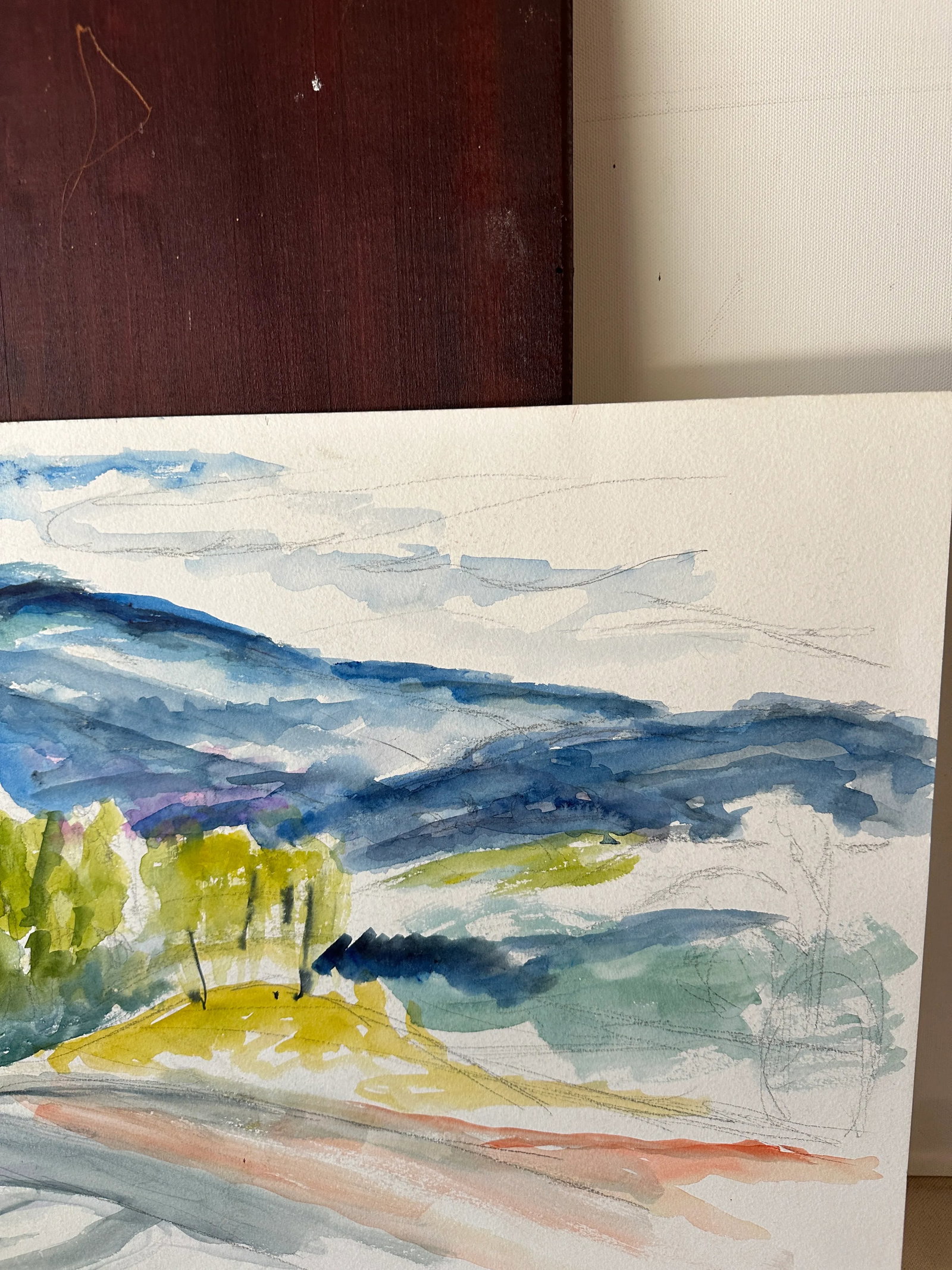 Vintage Landscape Watercolor Painting of Trees and Mountains - 4