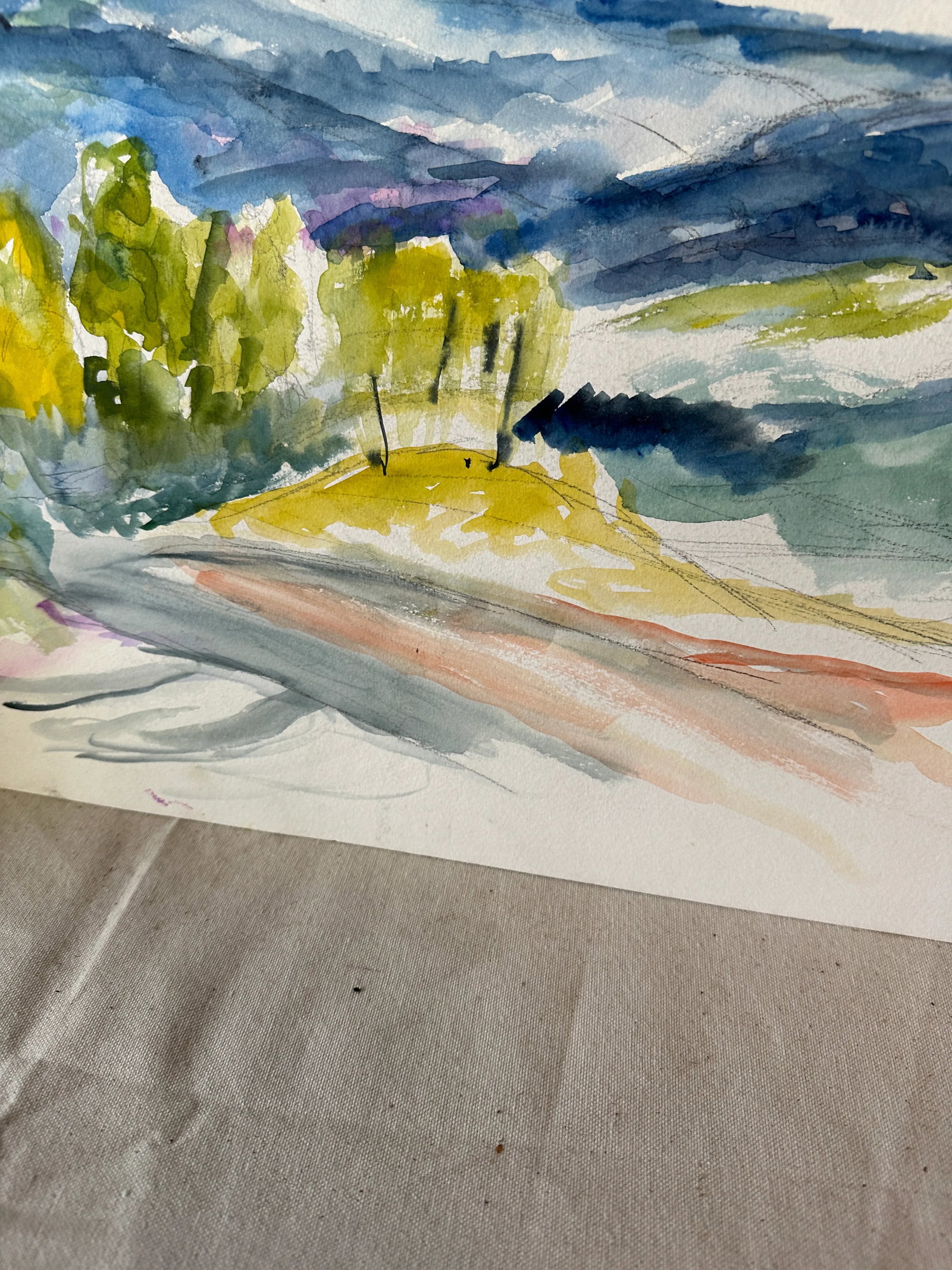 Vintage Landscape Watercolor Painting of Trees and Mountains - 6