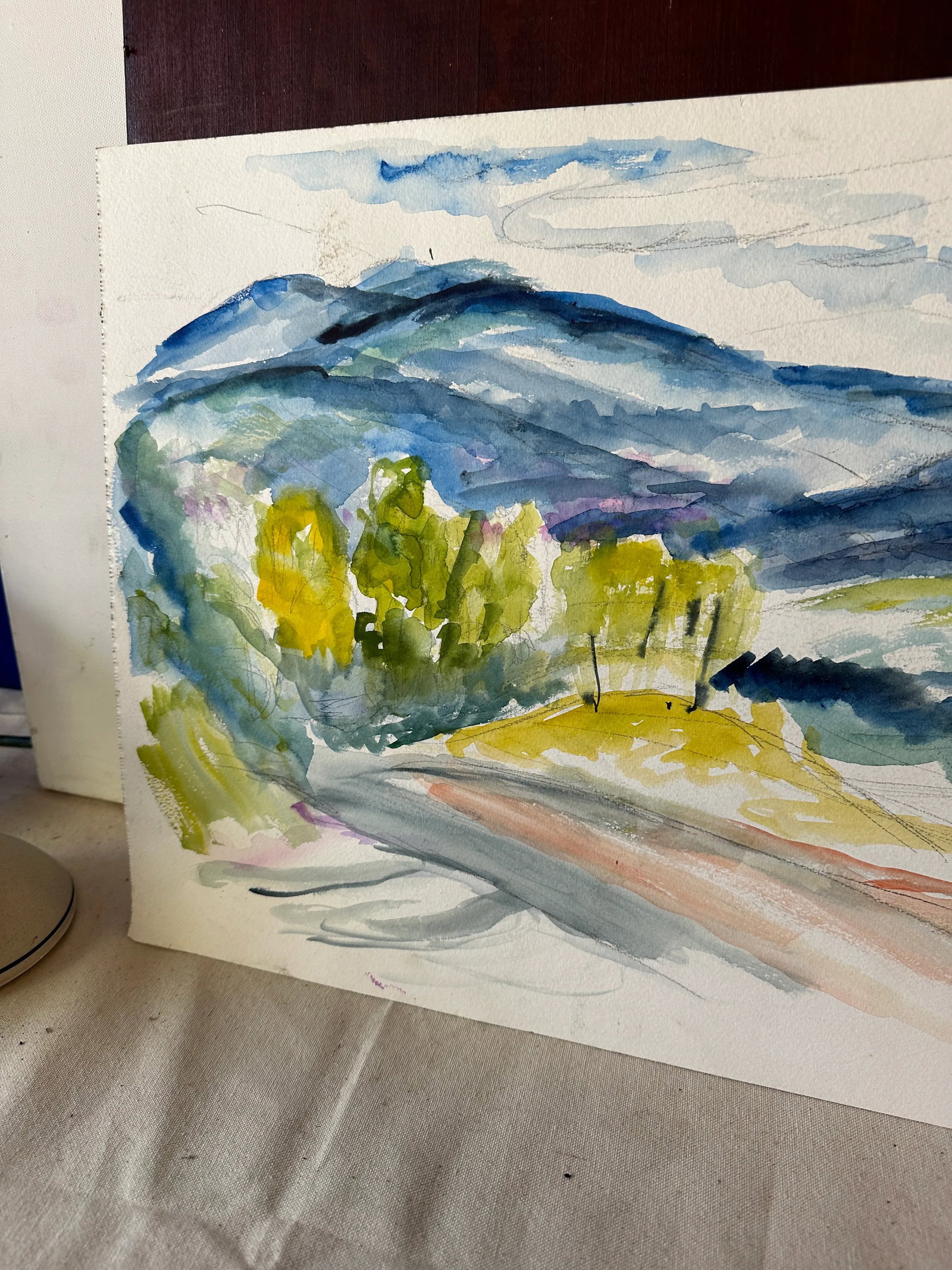 Vintage Landscape Watercolor Painting of Trees and Mountains - 7