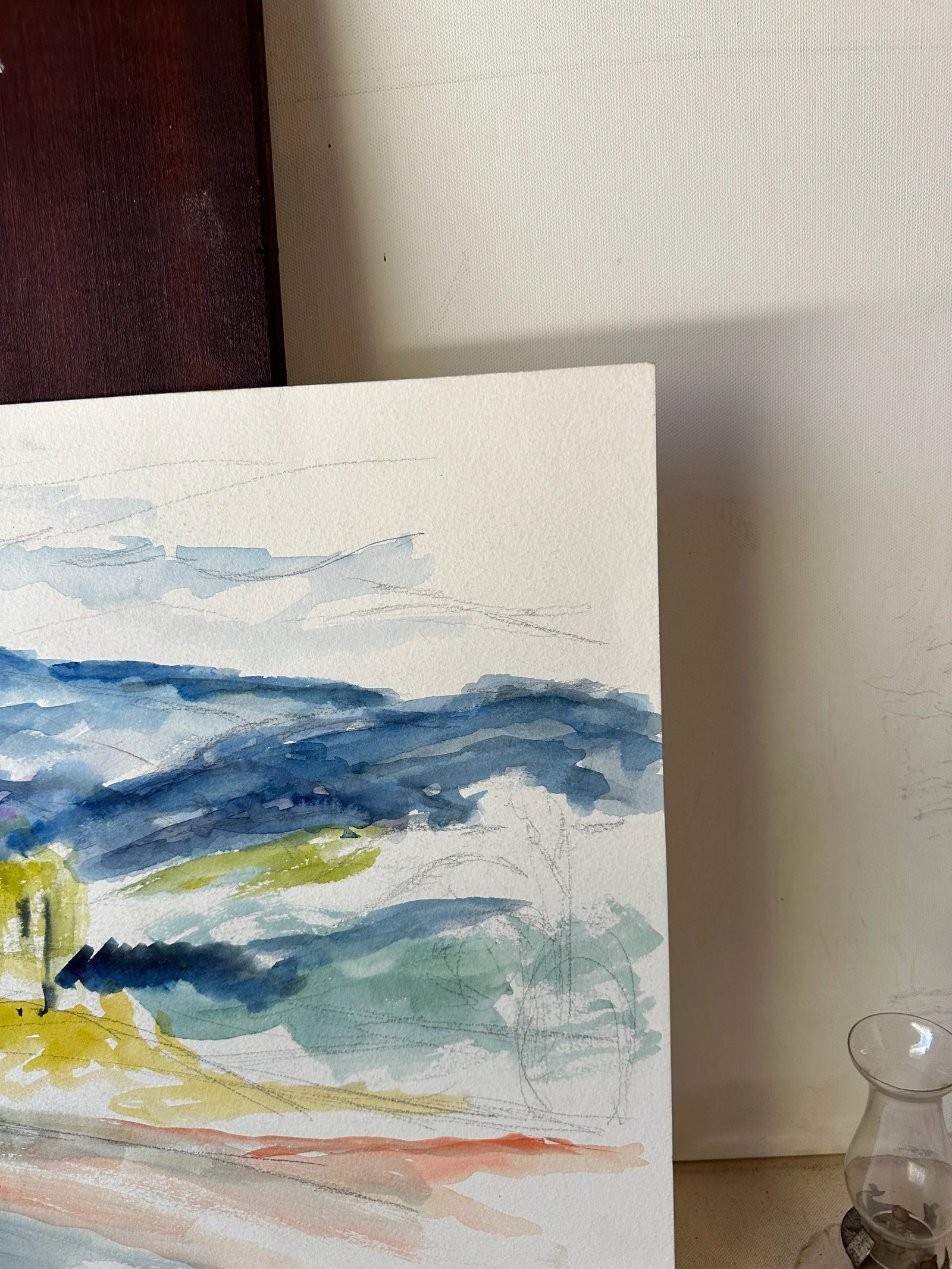 Vintage Landscape Watercolor Painting of Trees and Mountains - 8