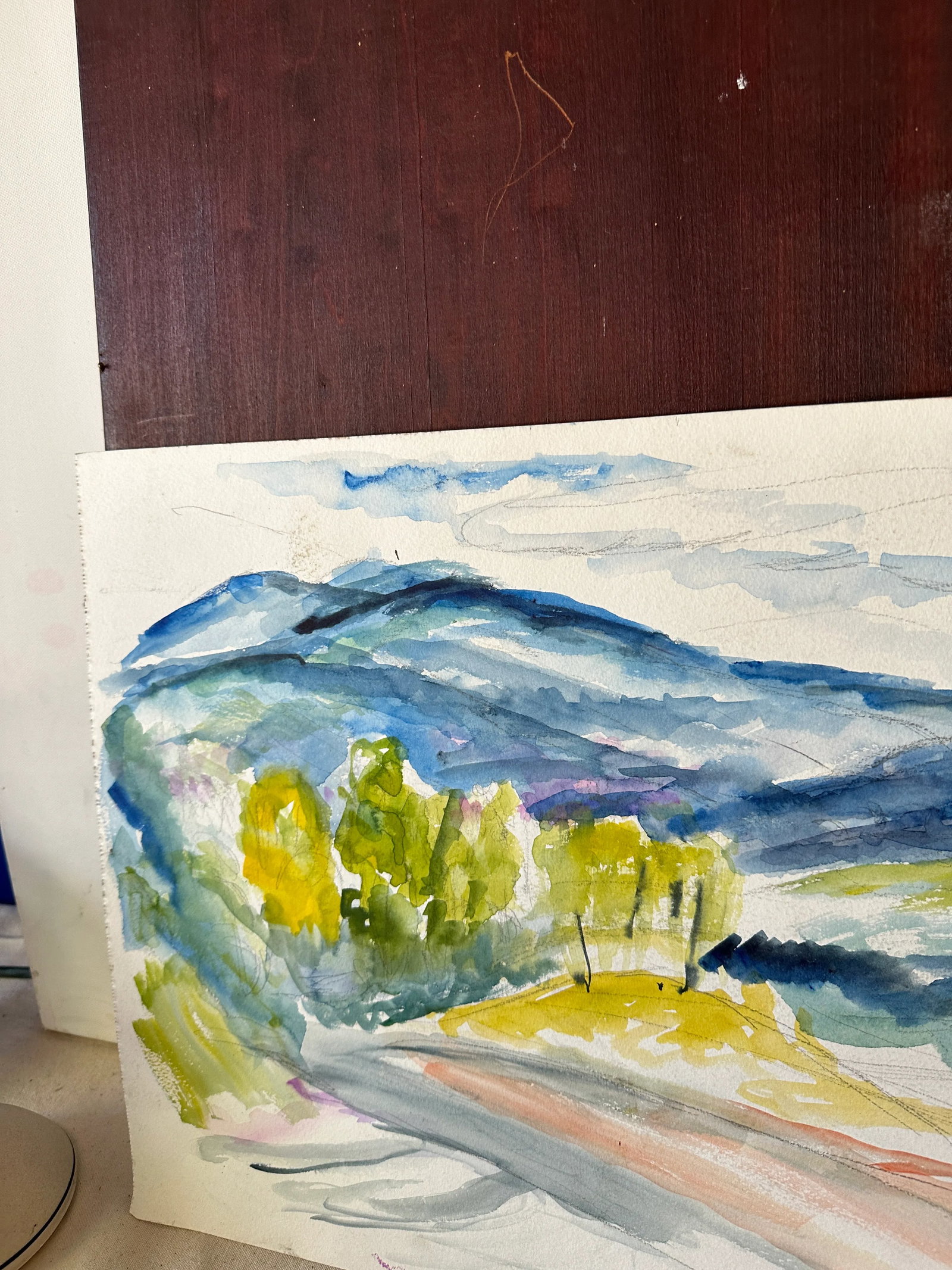 Vintage Landscape Watercolor Painting of Trees and Mountains - 9