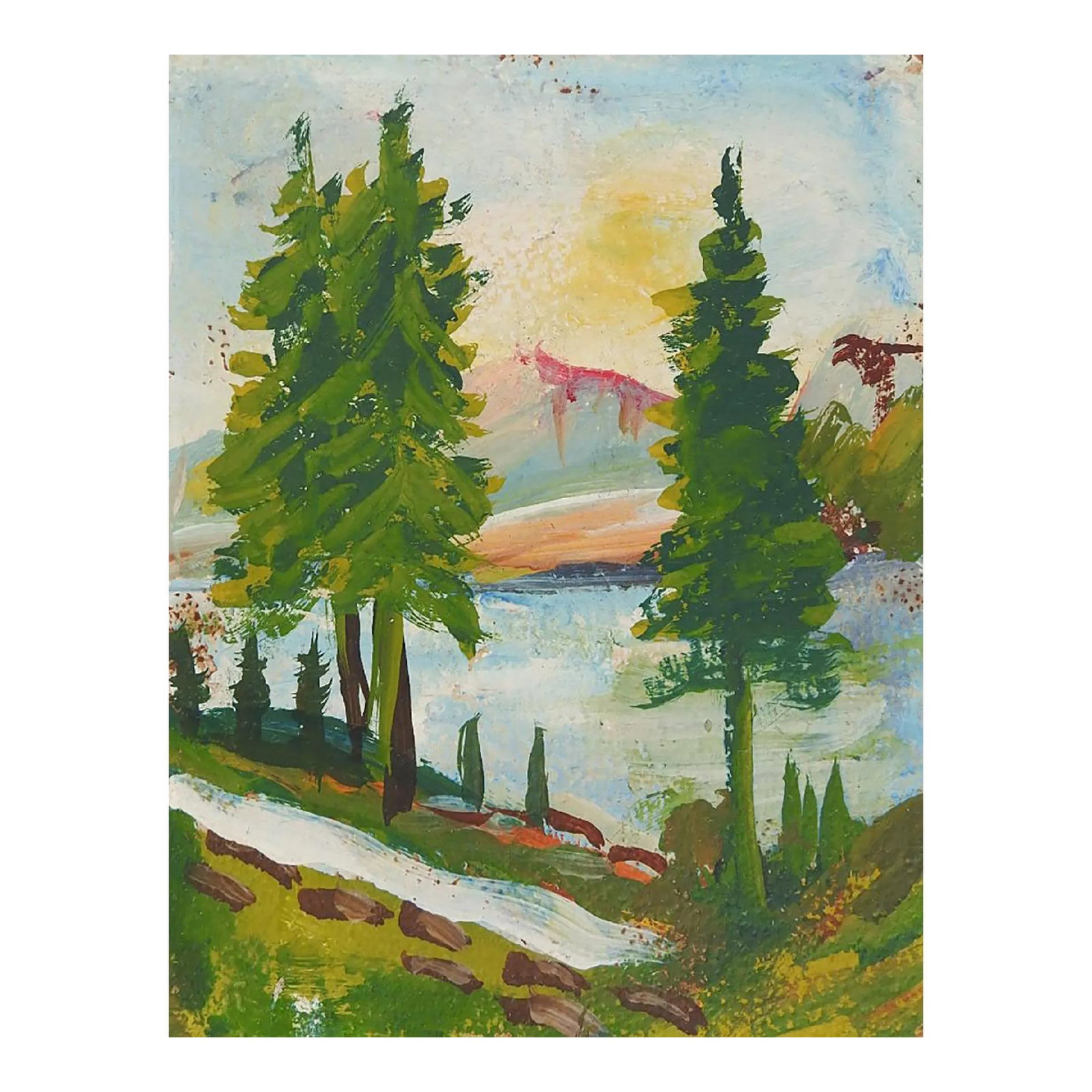 Early 20th Century Tiny Mountain Lake Landscape Painting: Tiny early 20th century oil on artist board mountain lake landscape painting. Unsigned. Unframed, edge wear. Condition: Alterations: Original Condition Unaltered Imperfections: Some Imperfections Cond