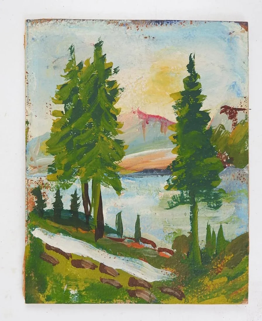 Early 20th Century Tiny Mountain Lake Landscape Painting - 3