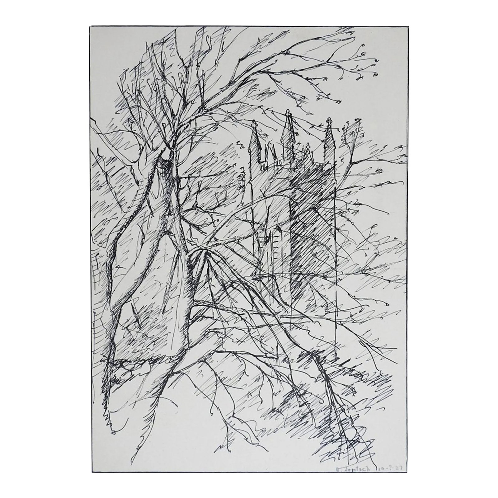 1927 Tree and Cathedral Drawing: 1927 pen and ink drawing on paper of a tree and cathedral. Signed Jentsch and dated lower right corner. Unframed, displayed in mat and backing, opening size 6" x 8.5". Condition: Alterations: