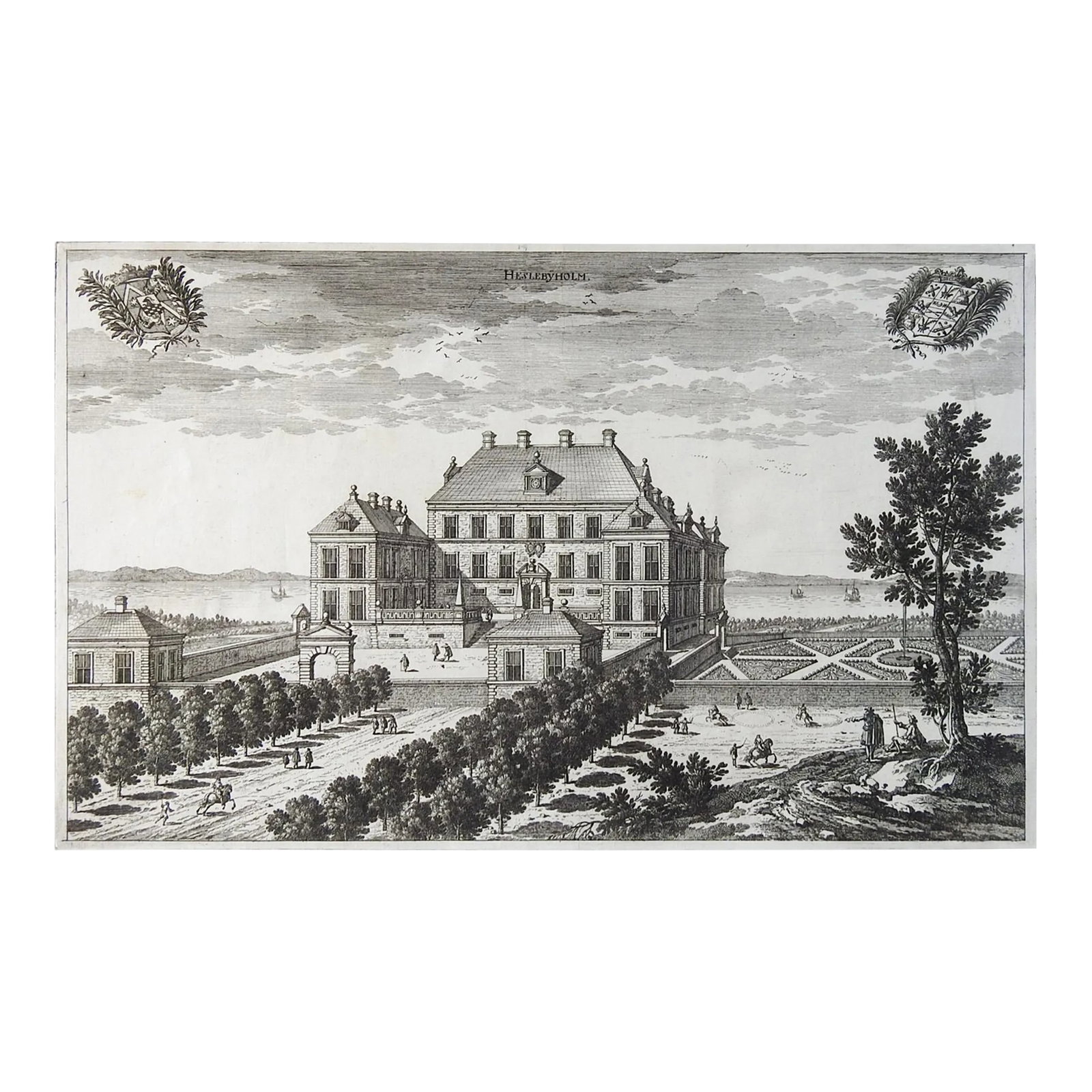1690s Architectural Engraving of the Hasselbyholm Swedish Manor: 1690's engraving on laid paper of Hasselbyholm, Sweden manor house. From the Erik Dahlberg work entitled Suecia Antiqua et Hodierna, or Ancient and Modern Sweden. View of Southern Courthouse of Stockh