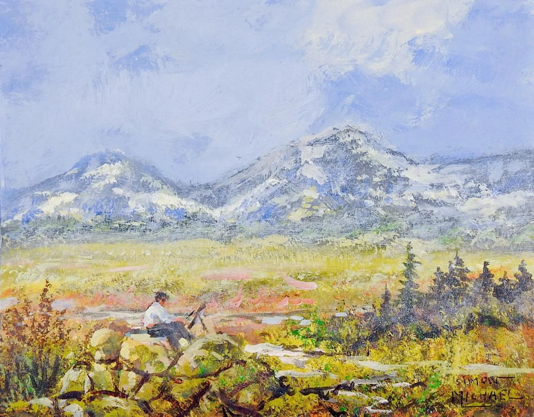 Simon Michael Artist Mountains Impressionist Painting: Artist and mountains acrylic on mat board impressionist painting by Michael Simon (1905-2002), a noted Rockport, Texas artist, teacher and philosopher, circa 1980. Signed lower right corner.