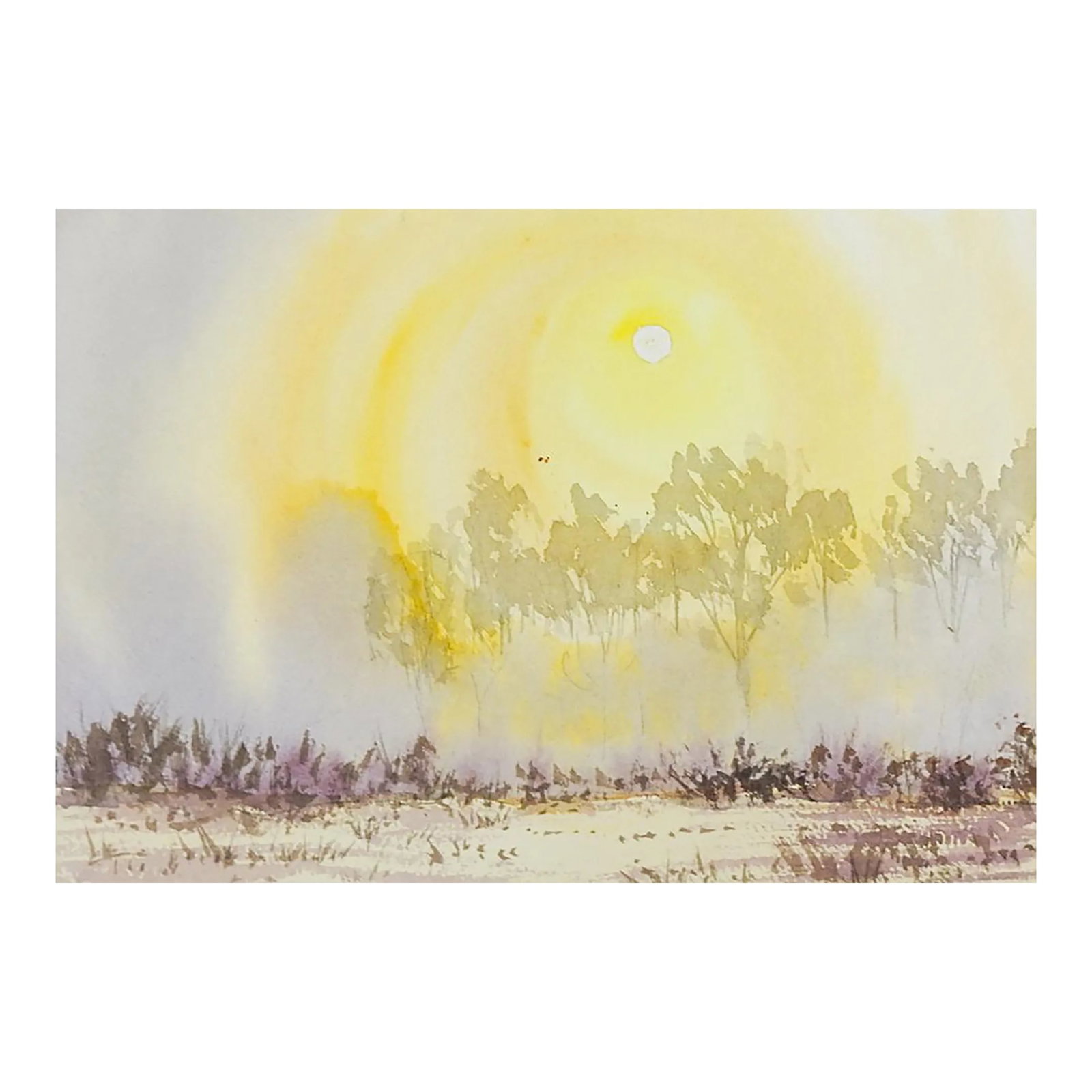 Contemporary Modernist Sunlit Landscape Watercolor Painting: Small vintage watercolor on paper modernist sunlit landscape painting and on the other side is a green forest and river landscape by Ahuva Shweiki (20th century) Texas. Unsigned, from the artists esta