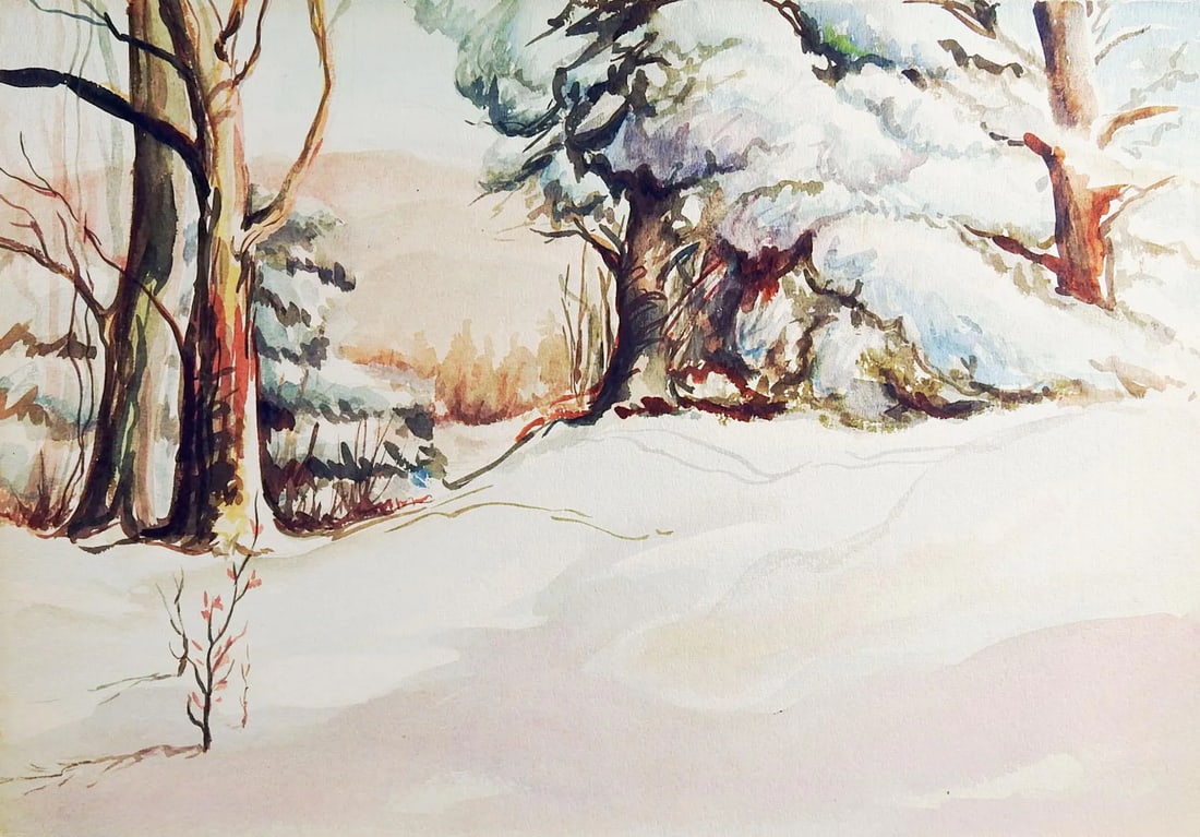 Mid 20th Century Winter Forest Watercolor Painting: Watercolor on paper of snow covered trees. Unsigned. Unframed, age toning. Condition: Alterations: Original Condition Unaltered Imperfections: Some Imperfections Condition Notes: age toning Materials