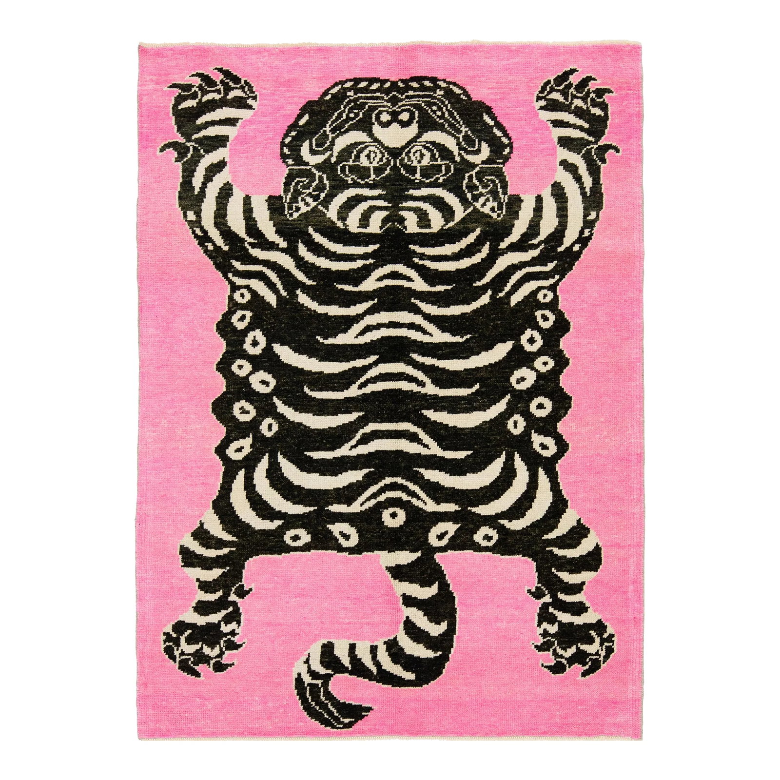 Scatter Handmade Pink Turkish Wool Rug With a Tiger Motif: This room-size wool rug from Turkey showcases a stunning tiger pictorial design with a pink backdrop and accents in black and beige. It is meticulously handmade with attention to detail. This rug meas
