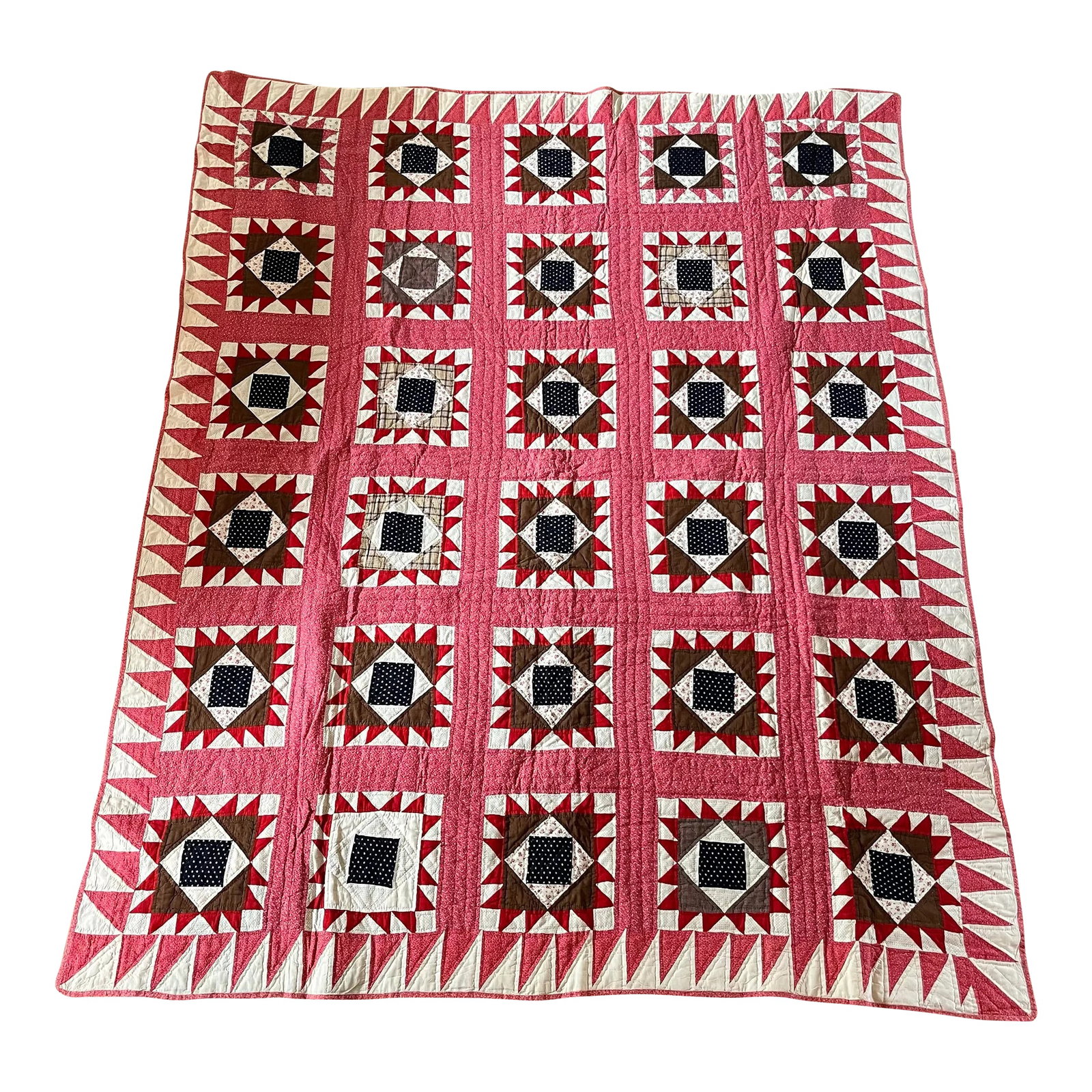 Antique Hand Stitched Quilt: Beautiful antique summer weight hand stitched quilt in beautiful red, white and blue square pattern. Condition: Alterations: Original Condition Unaltered Imperfections: Some Imperfections Condition No