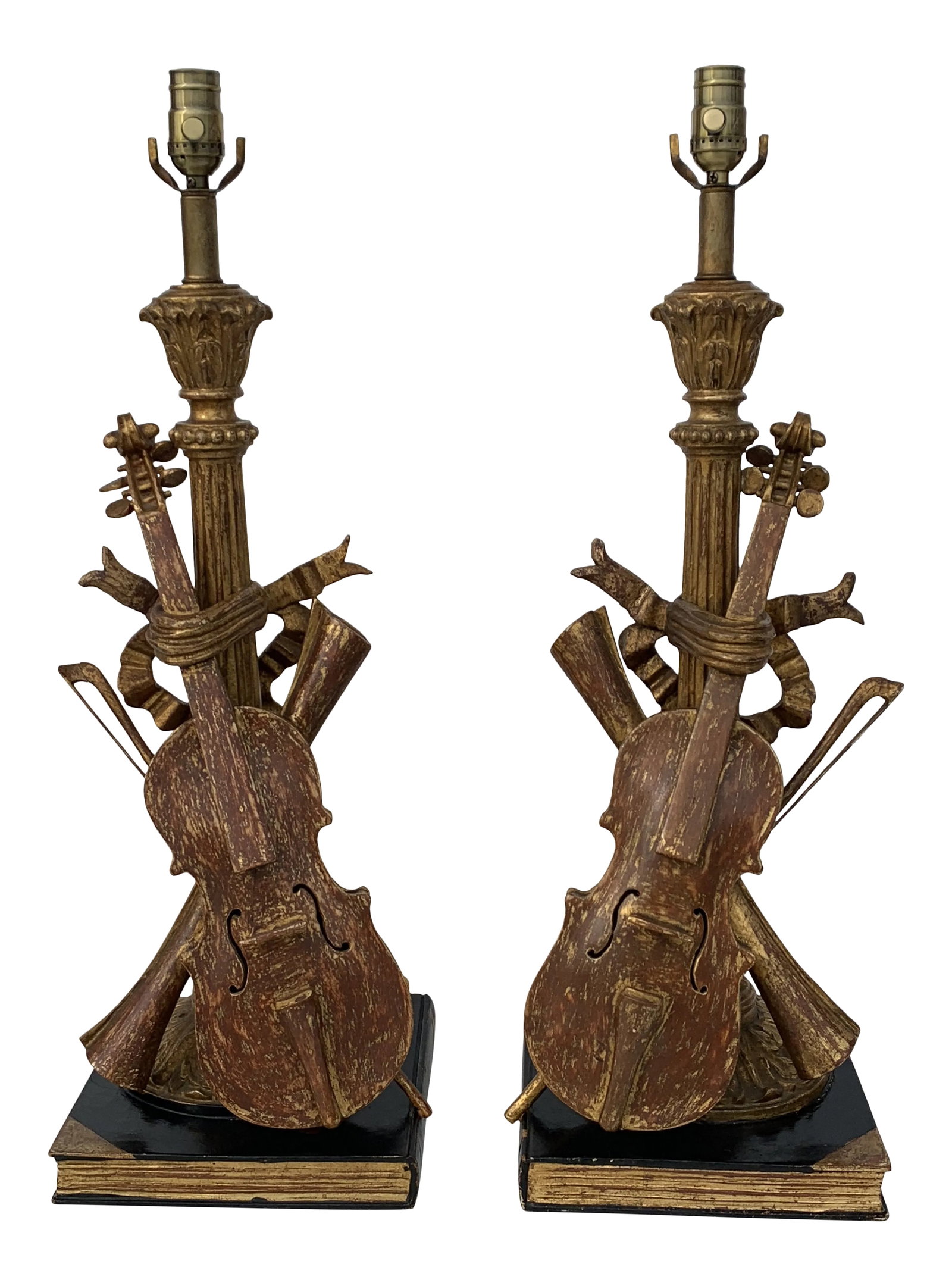 Italian Violin Musical Motif Lamps -A Pair: Pair of Italian hand carved musical motif violin, bow and scroll lamps. Rewired for USA Condition: Alterations: Original Condition Unaltered Imperfections: Some Imperfections Condition Notes: Wear