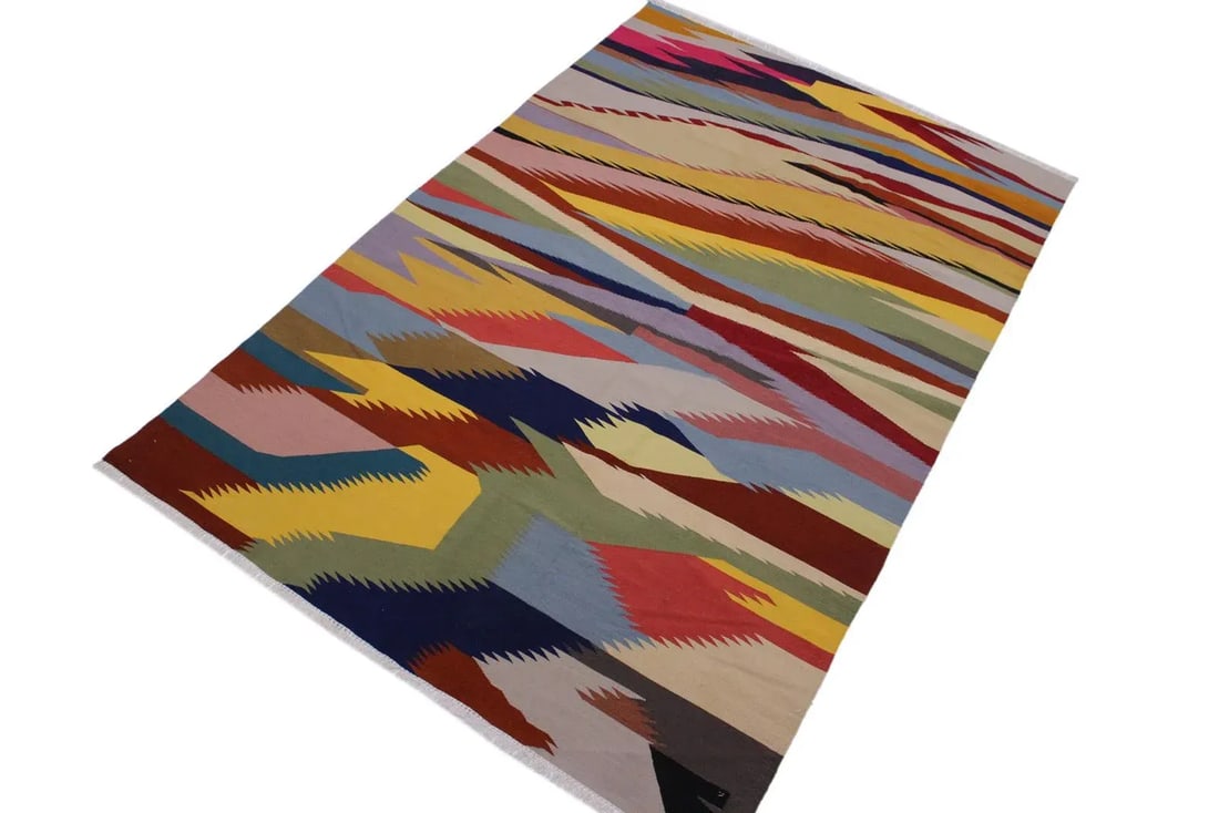 Contemporary Abstract Kilim Gray/Blue Hand-Woven Rug - 5'11 X 9'0 - 2