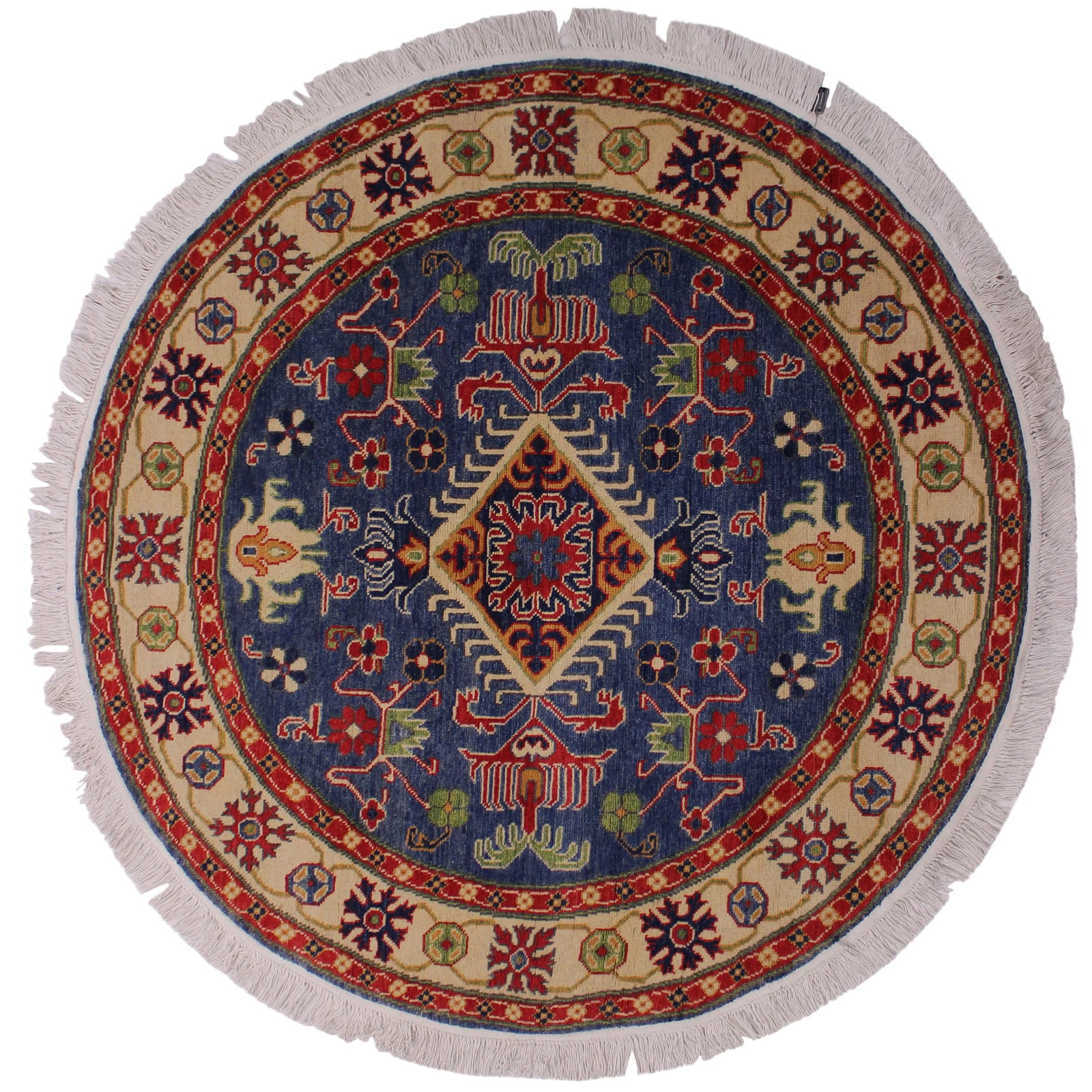 1990s Shabby Chic Tribal Kazak Blue Wool Round - 4'10" X 4'10": Create a new dimension of style in your home with this breath-taking hand-knotted rug featuring incredible luxurious texture and appearance. This gorgeous hand-knotted rug by Persian master weavers fr
