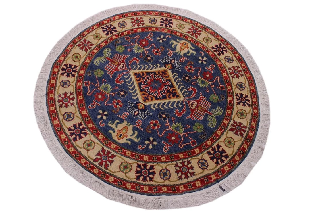 1990s Shabby Chic Tribal Kazak Blue Wool Round - 4'10" X 4'10" - 2