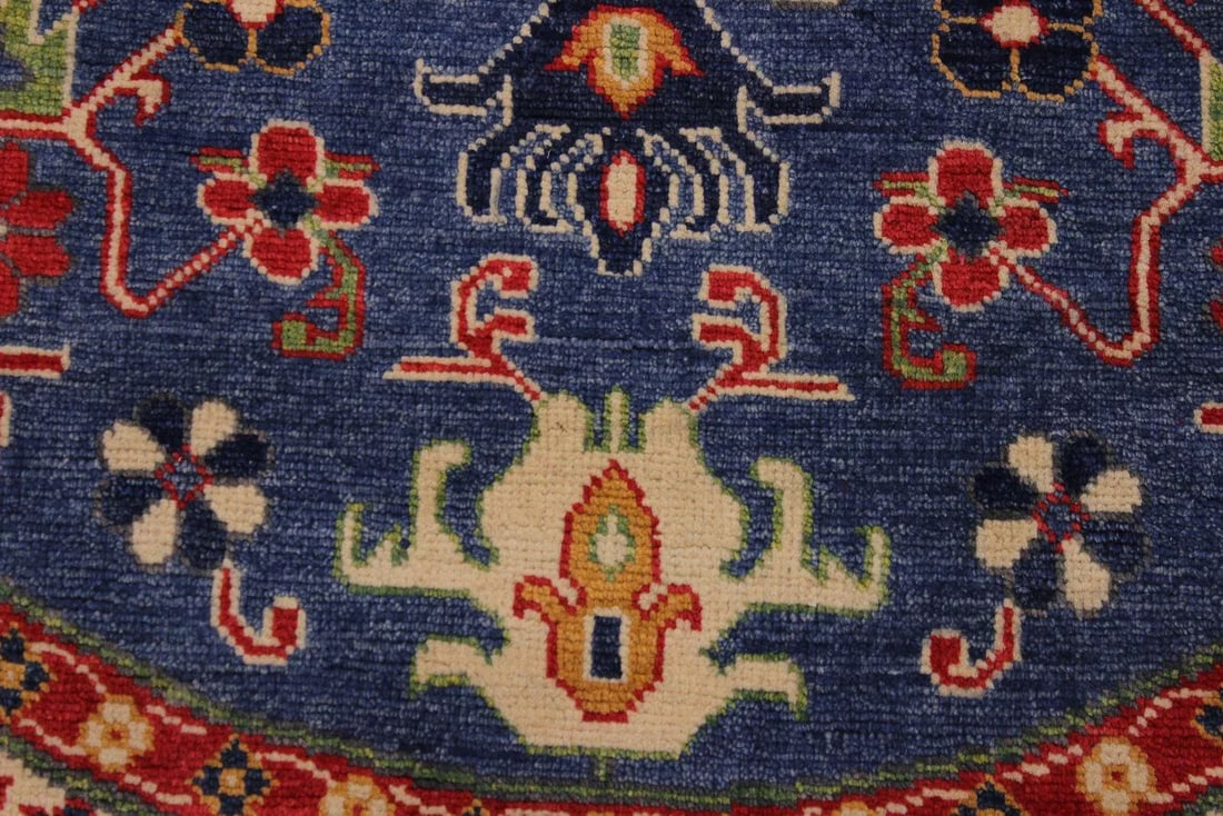 1990s Shabby Chic Tribal Kazak Blue Wool Round - 4'10" X 4'10" - 3