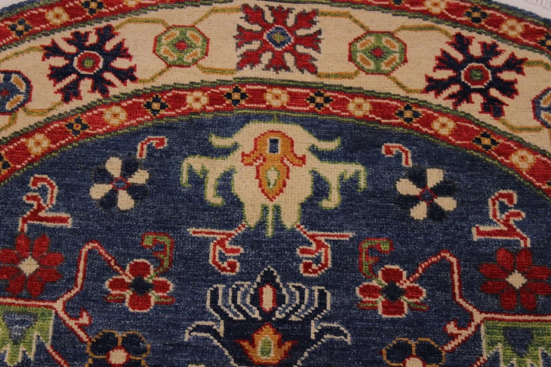 1990s Shabby Chic Tribal Kazak Blue Wool Round - 4'10" X 4'10" - 5