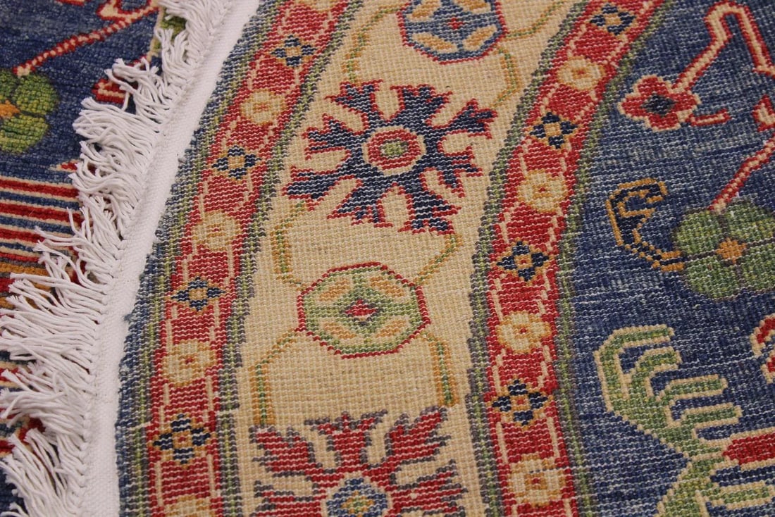 1990s Shabby Chic Tribal Kazak Blue Wool Round - 4'10" X 4'10" - 6