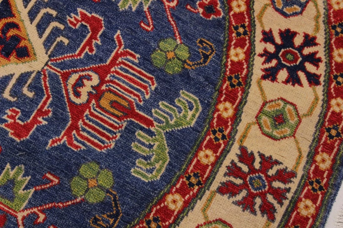 1990s Shabby Chic Tribal Kazak Blue Wool Round - 4'10" X 4'10" - 7