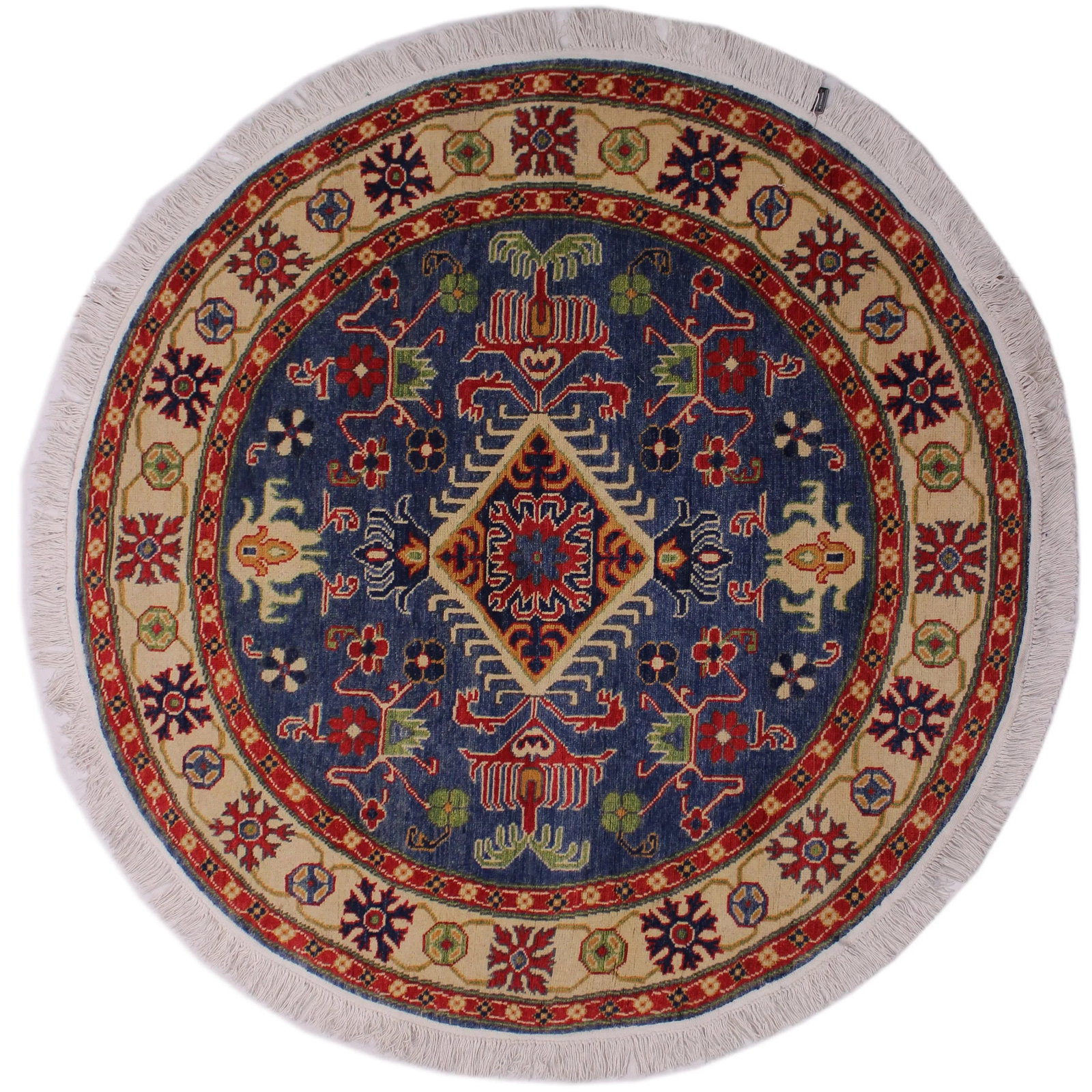 1990s Shabby Chic Tribal Kazak Blue Wool Round - 4'10" X 4'10" - 8