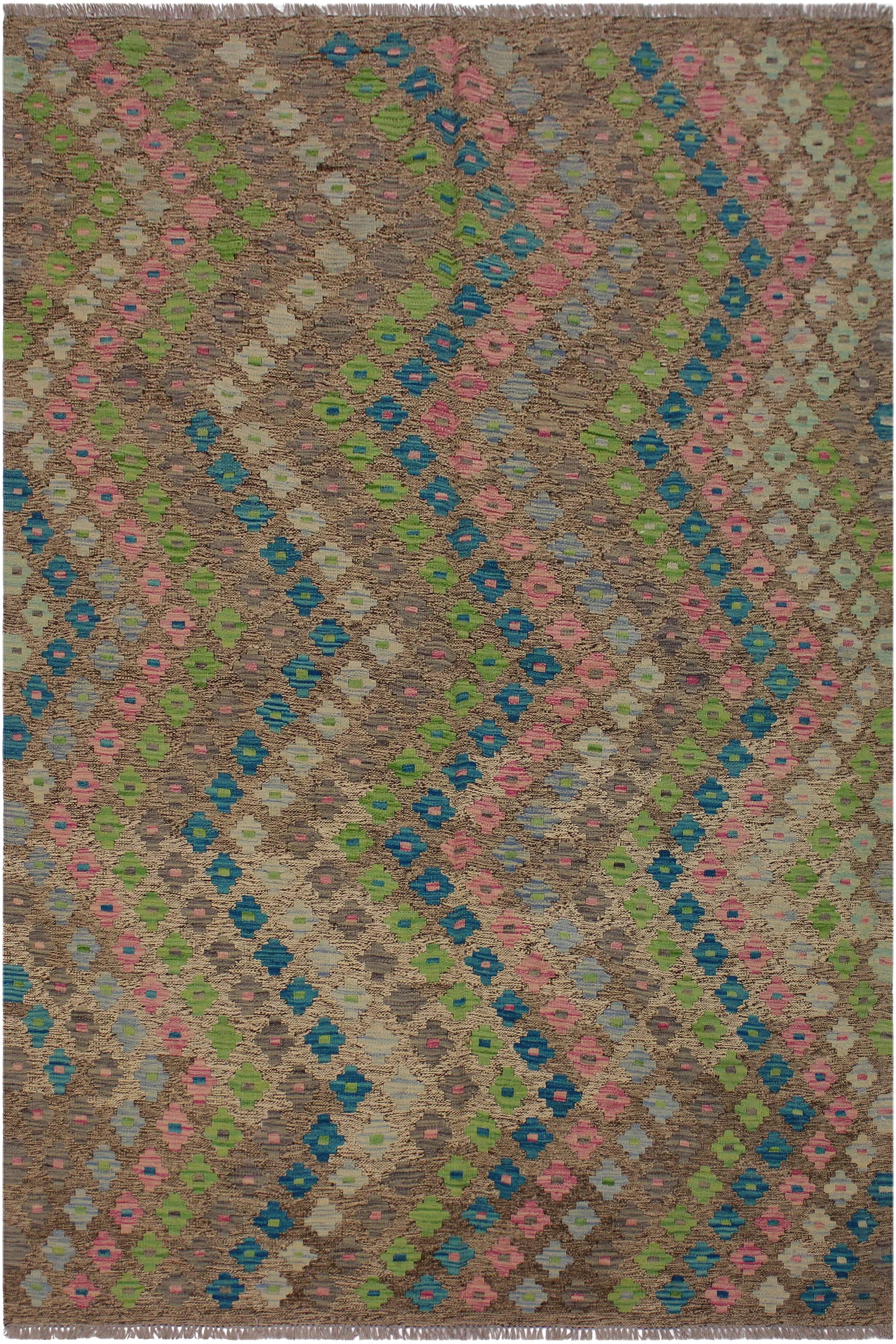 Abstract Kilim Hand-Woven Wool Rug - 5'10'' * 7'8'': Add a touch of elegance to your home with this casual chic hand woven Tribal Kilim Hand-Woven Wool Rug. Constructed on a loom by Nomad Turkman people with hand spun wool and 100% Natural Vegetable dye