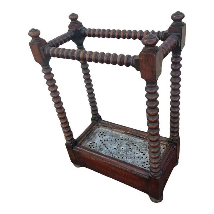 19thc English Oak Petite Size Umbrella Stand W/Spool Construction & Metal Liner (1 of 10)