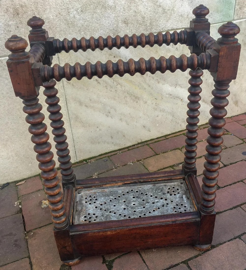 19thc English Oak Petite Size Umbrella Stand W/Spool Construction & Metal Liner - 2