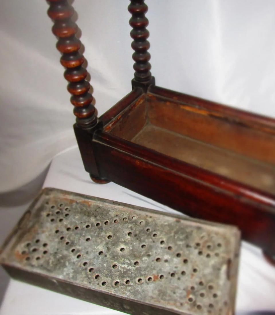 19thc English Oak Petite Size Umbrella Stand W/Spool Construction & Metal Liner - 3