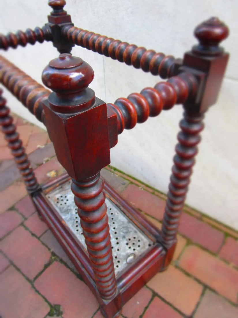 19thc English Oak Petite Size Umbrella Stand W/Spool Construction & Metal Liner - 6