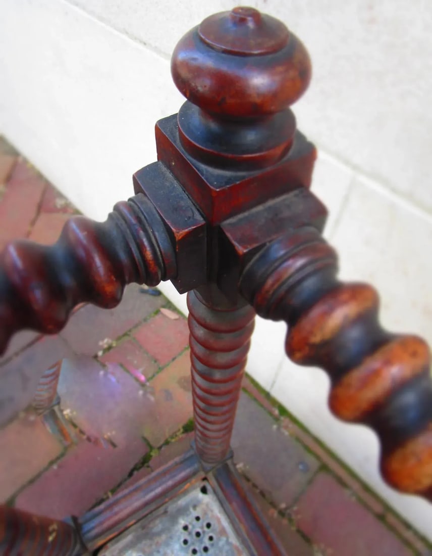 19thc English Oak Petite Size Umbrella Stand W/Spool Construction & Metal Liner - 7
